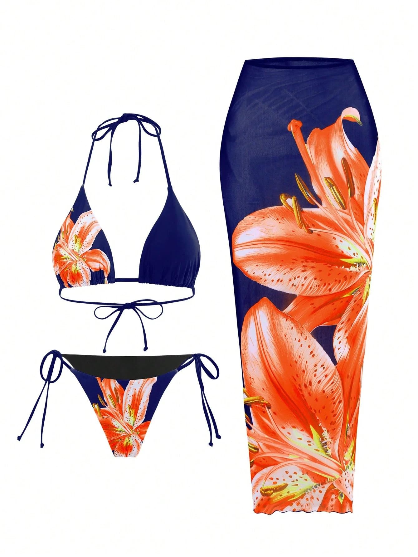 ZAFUL Womens 3pcs Swimsuit Floral Halter Triangle Bikini Top Tie Side Bottom with Long Sheer Cover Up Skirt