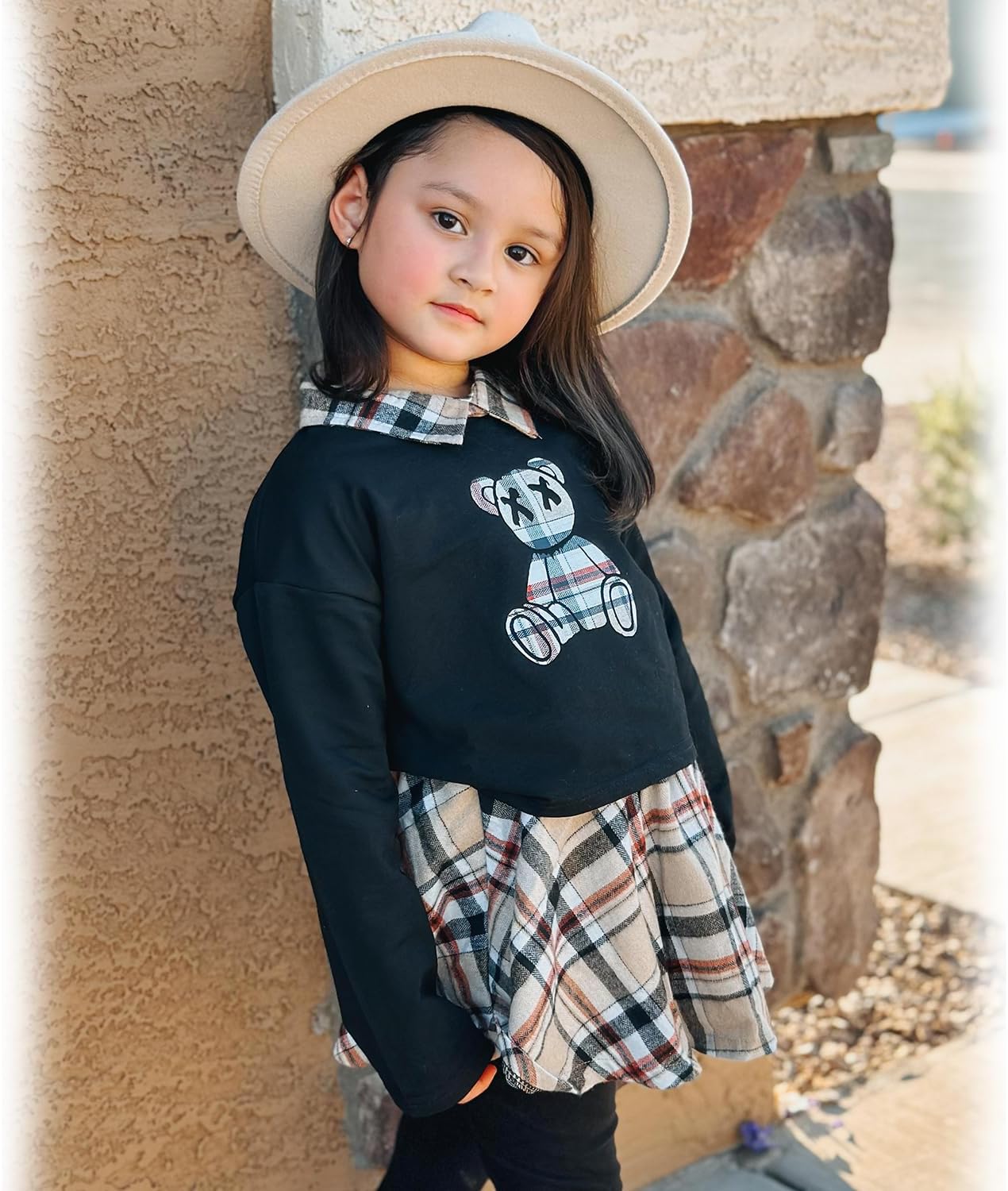 HINTINA Toddler Little Girl Letter Print Sweatshirt Top Plaid Skirt Pants Fall Winter Outfits