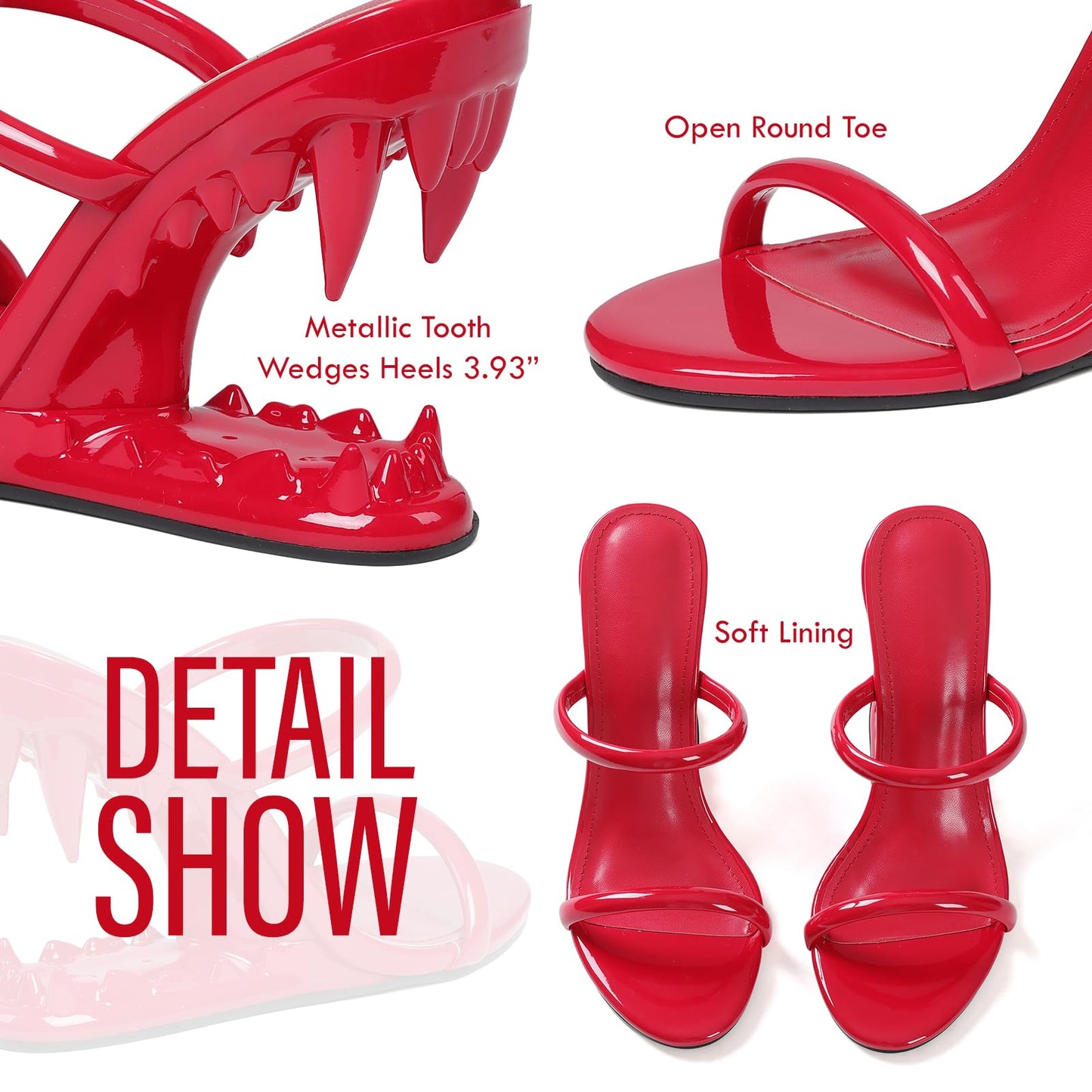 Goiphrri Wedge Sandals for Women Strappy Heels Round Open Toe Heels Metallic Shark Tiger Teeth heeled Sandals Flip Flops Thong Womens Mules Slip on Party Dress Wedding Ceremony