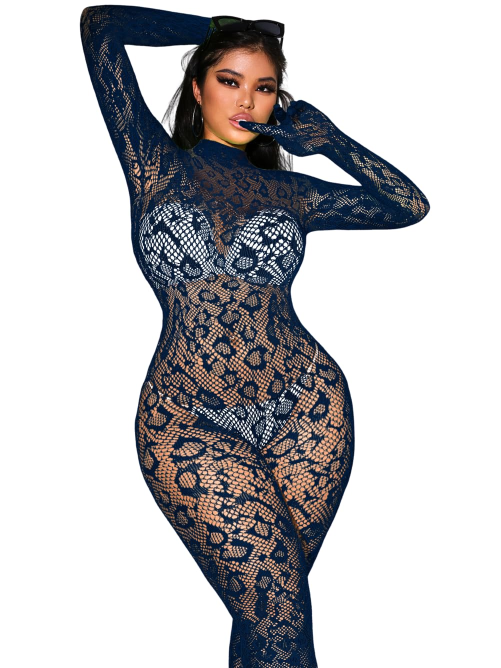 Sexy Lace Leopard Jumpsuit For Women, Fishnet Bodysuit Glow Party Club, Poster One Piece Mesh Full Body Rave Outfits