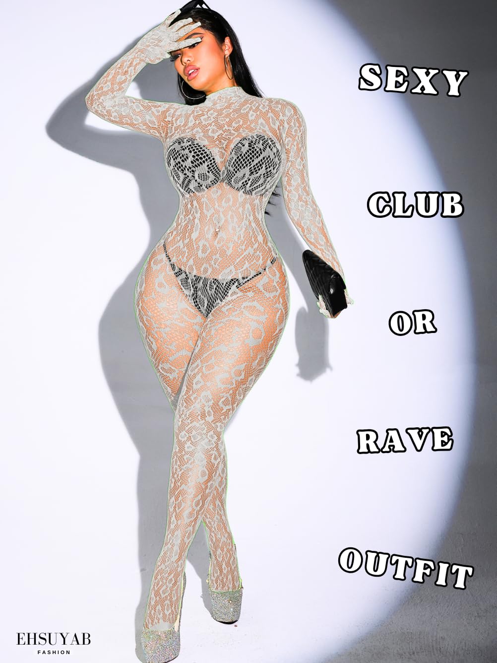 Sexy Lace Leopard Jumpsuit For Women, Fishnet Bodysuit Glow Party Club, Poster One Piece Mesh Full Body Rave Outfits