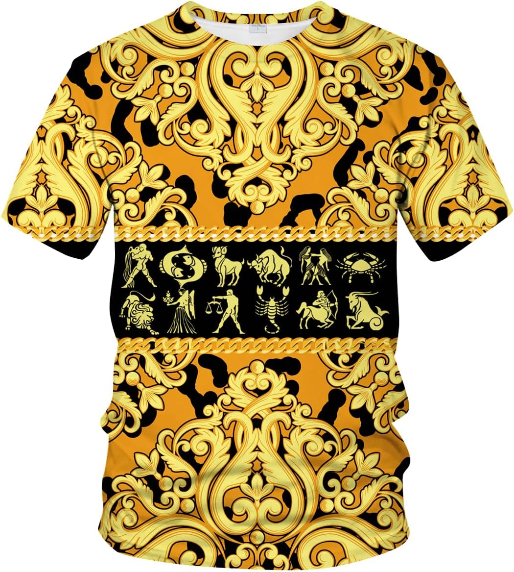 LAOLIUSN Men's Gold Shiny Printed T-Shirt - Golden Ornate Theme, Floral Graphic Tee Shirt