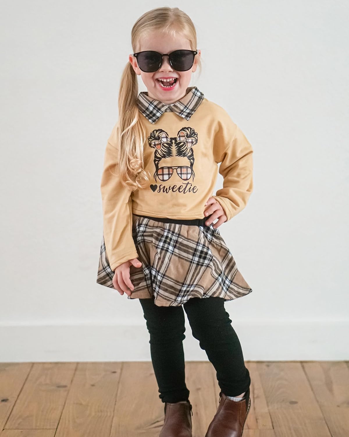 HINTINA Toddler Little Girl Letter Print Sweatshirt Top Plaid Skirt Pants Fall Winter Outfits
