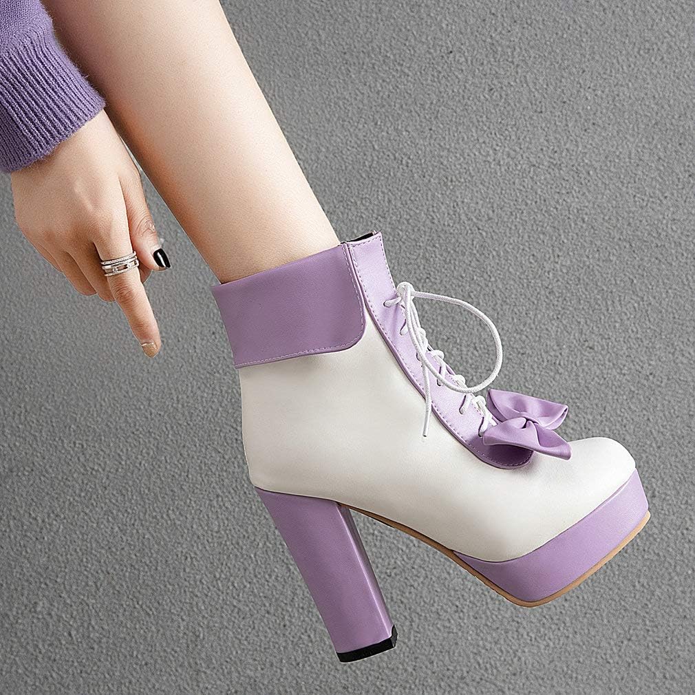 Parisuit Womens Dress Kawaii Boots Chunky High Heel Platform Ankle Booties Lace Up Sweet Bow Shoes