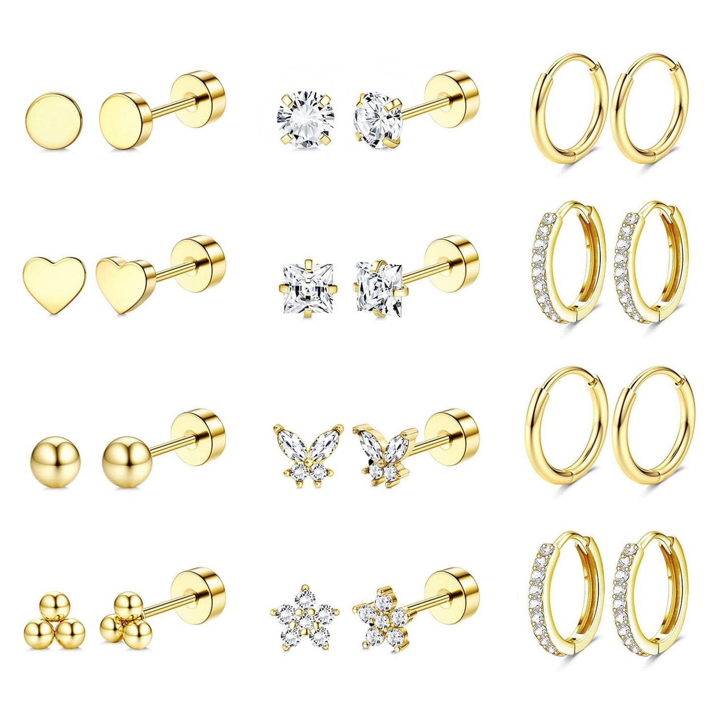 Jstyle Hypoallergenic Surgical Steel Earrings for Sensitive Ears 14K Gold Flat Back Earrings for Women Men Small Stainless Steel Earrings Flatback Stud Hoop Cartilage Earring Set for Multiple Piercing
