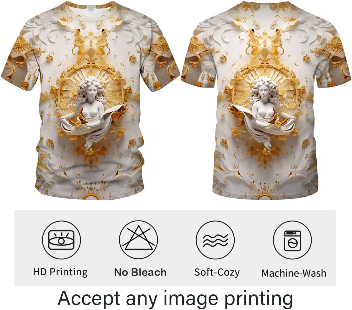 LAOLIUSN Men's Gold Shiny Printed T-Shirt - Golden Ornate Theme, Floral Graphic Tee Shirt