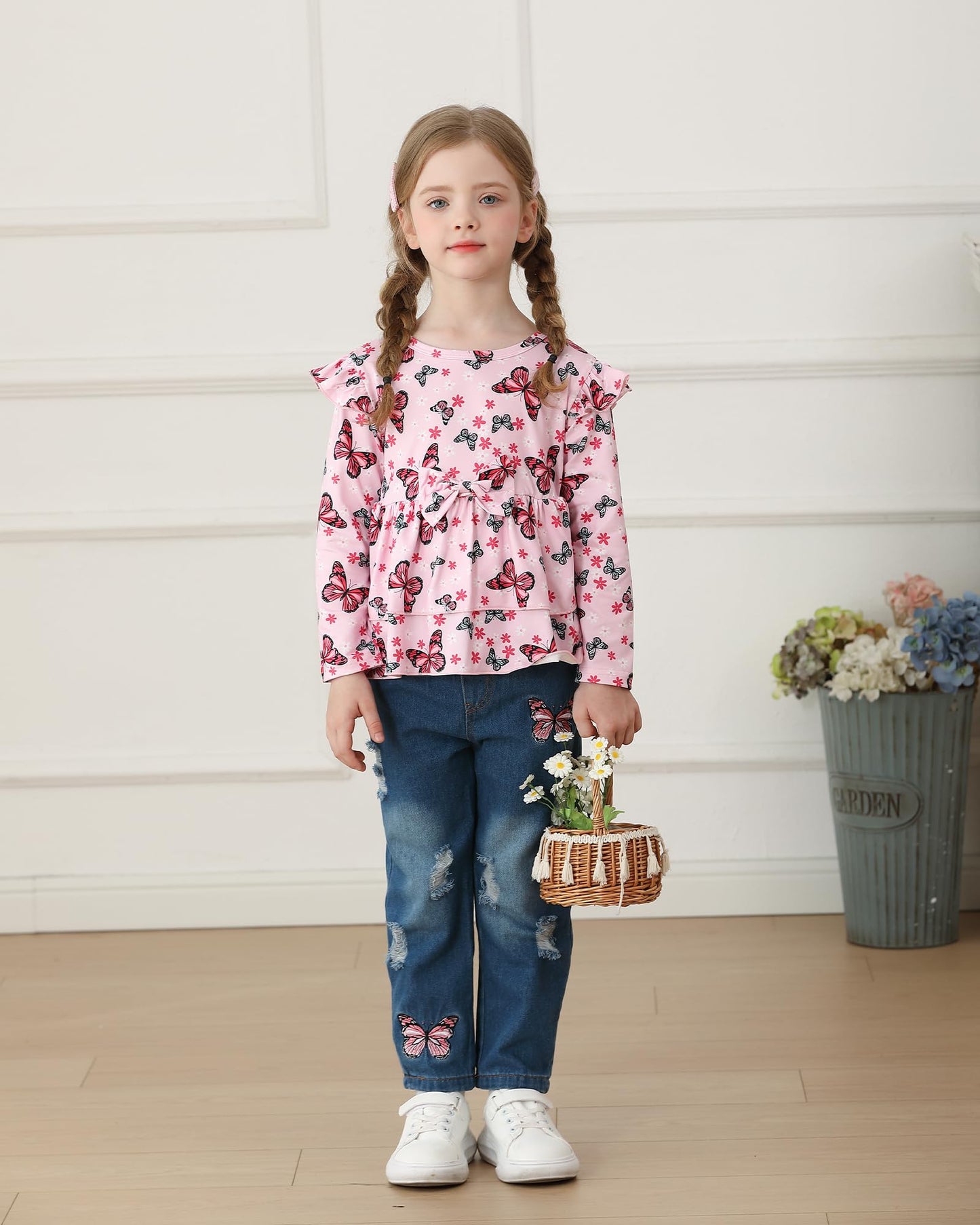 NZRVAWS Baby Girl Clothes Toddler Girl Outfits Infant Ruffle Shirt Denim Ripped Jeans Cute Clothing Set