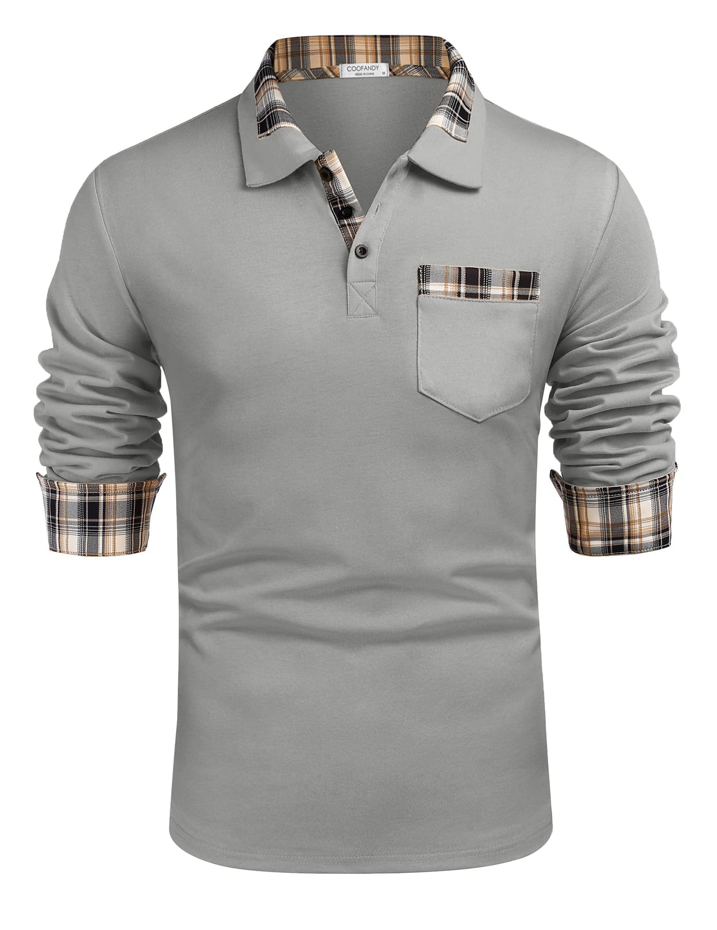 COOFANDY Men's Casual Polo Shirt Long Sleeve Classic Plaid Button Tees with Pockets