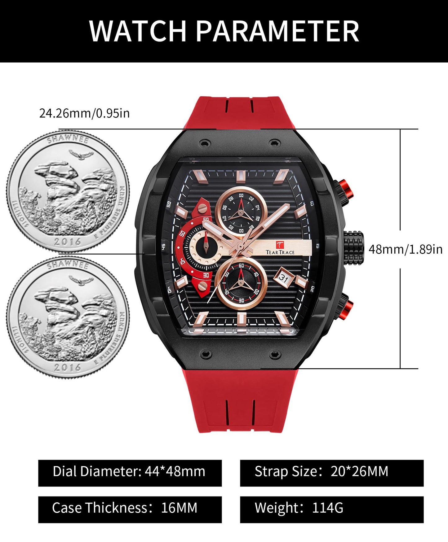 Watches for Men Analog Quartz Waterproof Sport Men’s Watch Tonneau Chronograph Luminous Fashionable Unique Casual Watch with Silicone Strap