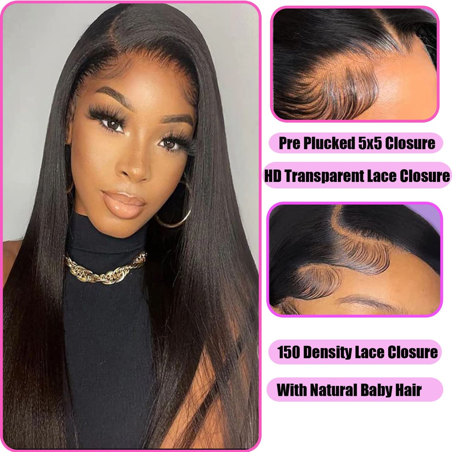 Hd Closure 5x5 Straight Closure 5x5 Transparent Lace Closure 12A Virgin Remy Human Hair Frontal Closure Pre Plucked With Baby Hair Natural Black Color(14inch)