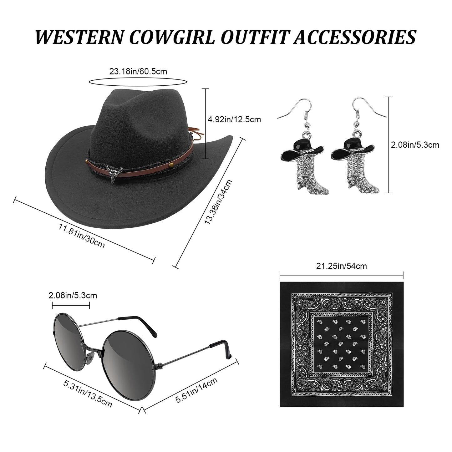 HyperFun Cowgirl Outfits for Women Western Costume Accessories Cowboy Hat Tassels Fringe Vest Earring Hippie Glasses Bandana