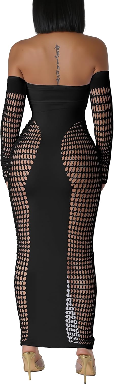 Women's Dress Sexy Club Dress Elegant Long Sleeve Off Shoulder Hollow Out Mesh Bodycon Party Dresses