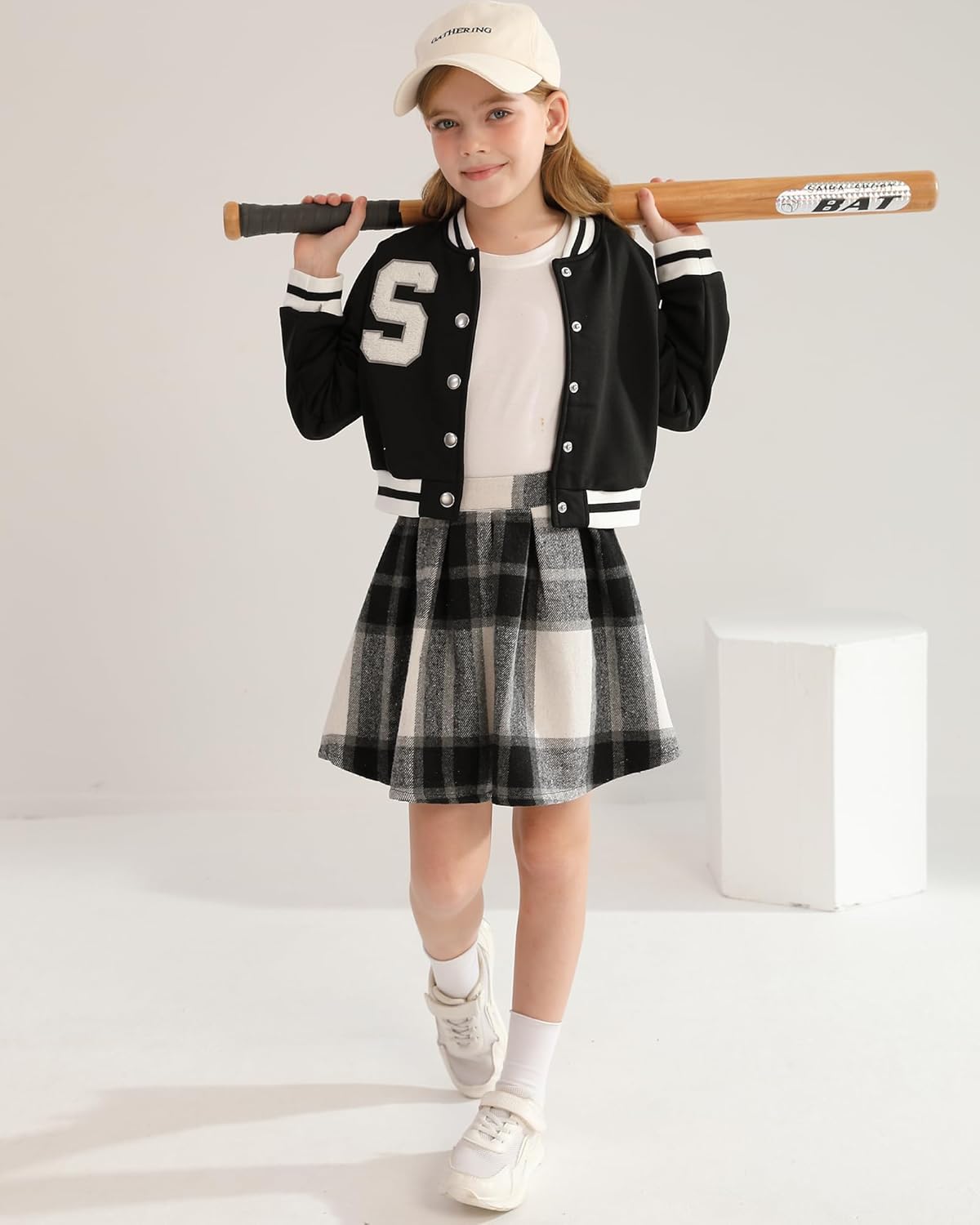 Girls 2 Piece Outfits Skirt Set Button up Jacket Sweatshirt and Pleated Mini Skirts Fall Winter Clothes Size 7-14Y