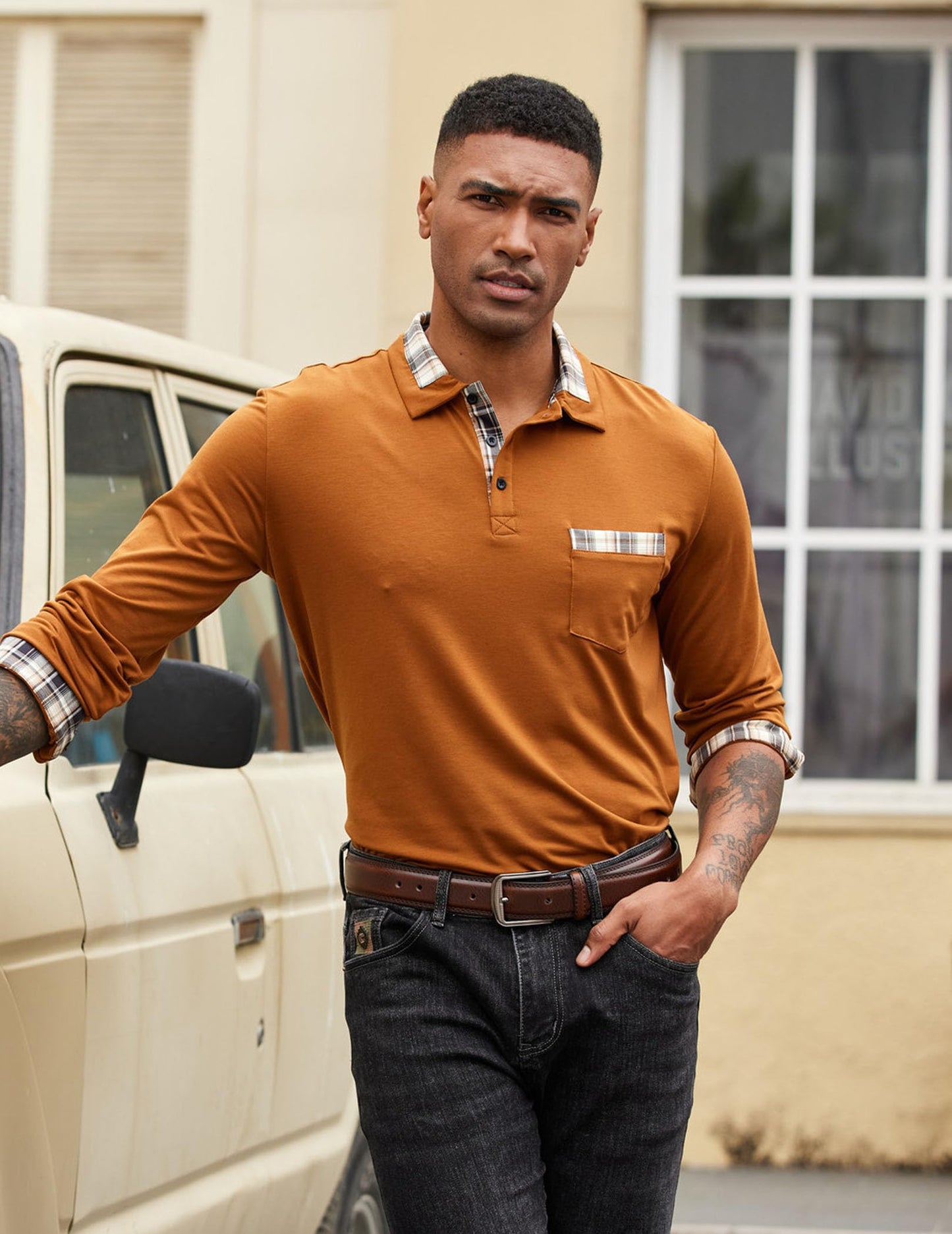 COOFANDY Men's Casual Polo Shirt Long Sleeve Classic Plaid Button Tees with Pockets