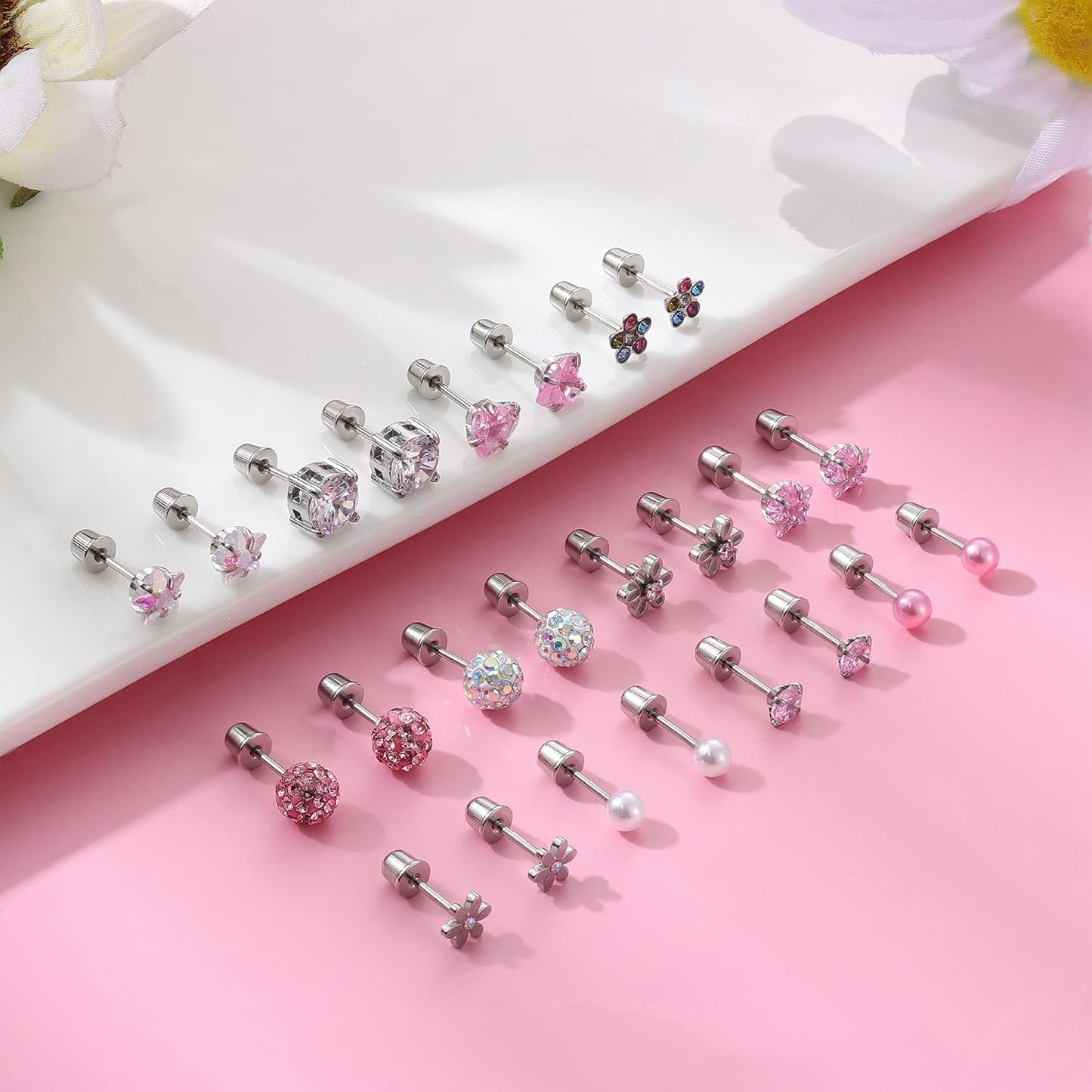 SAILIMUE 12 Pairs Hypoallergenic Screw Back Earrings for Women Girls Surgical Steel Cute Heart CZ Flower Pearl Ball Tiny Screwback Stud Earring