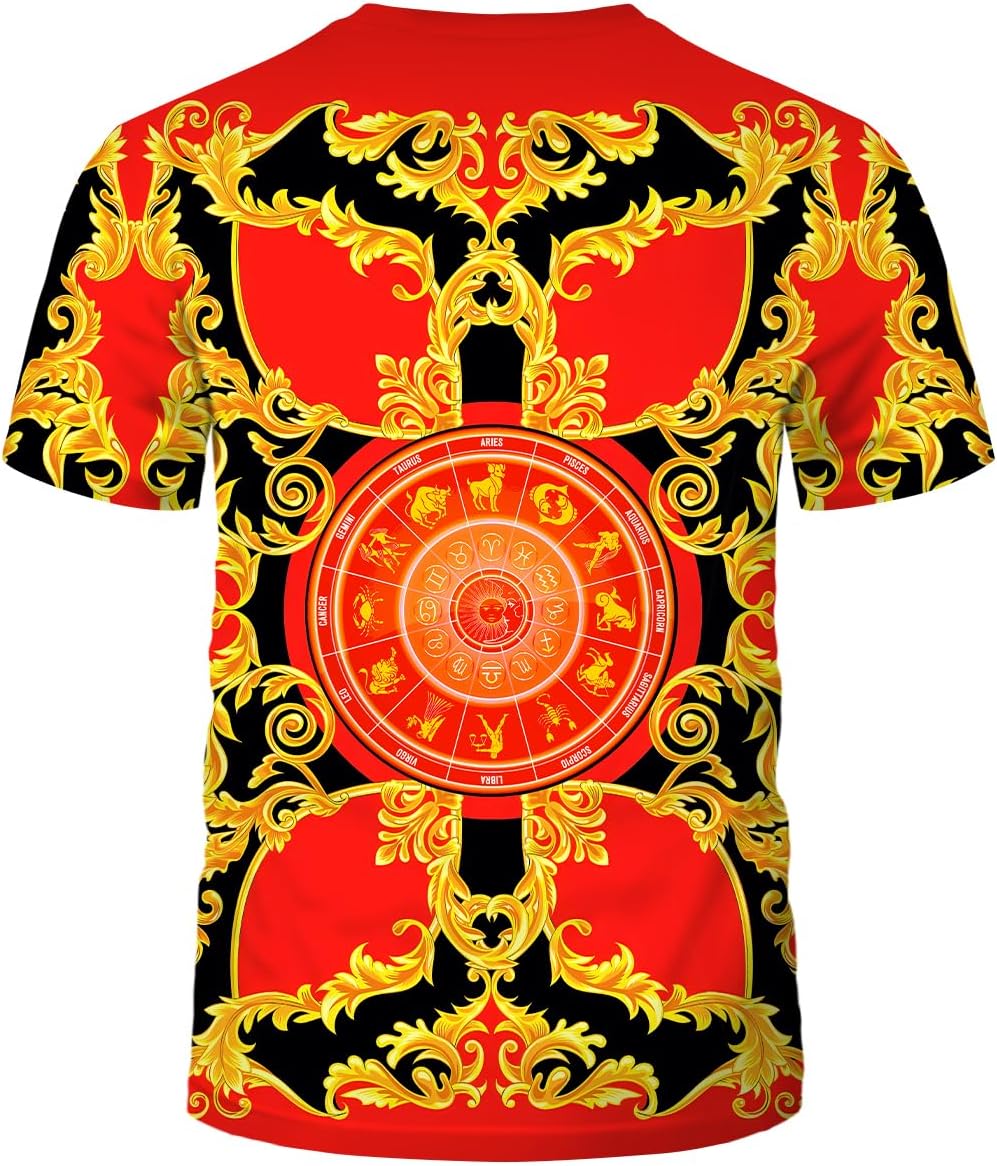 LAOLIUSN Men's Gold Shiny Printed T-Shirt - Golden Ornate Theme, Floral Graphic Tee Shirt