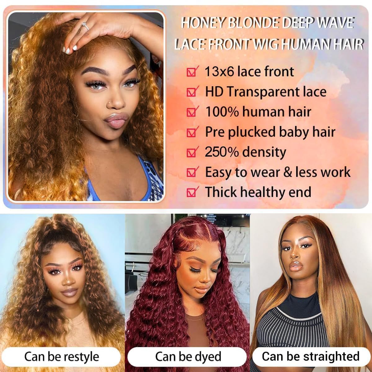 MEGOOD 200% Density Reddish Brown Deep Wave Lace Front Wigs Human Hair 13x4 HD Transparent Curly Human Hair Wig Pre Plucked 13X4 Ginger Wig Human Hair Glueless Colored Wigs With Baby Hair 18inch