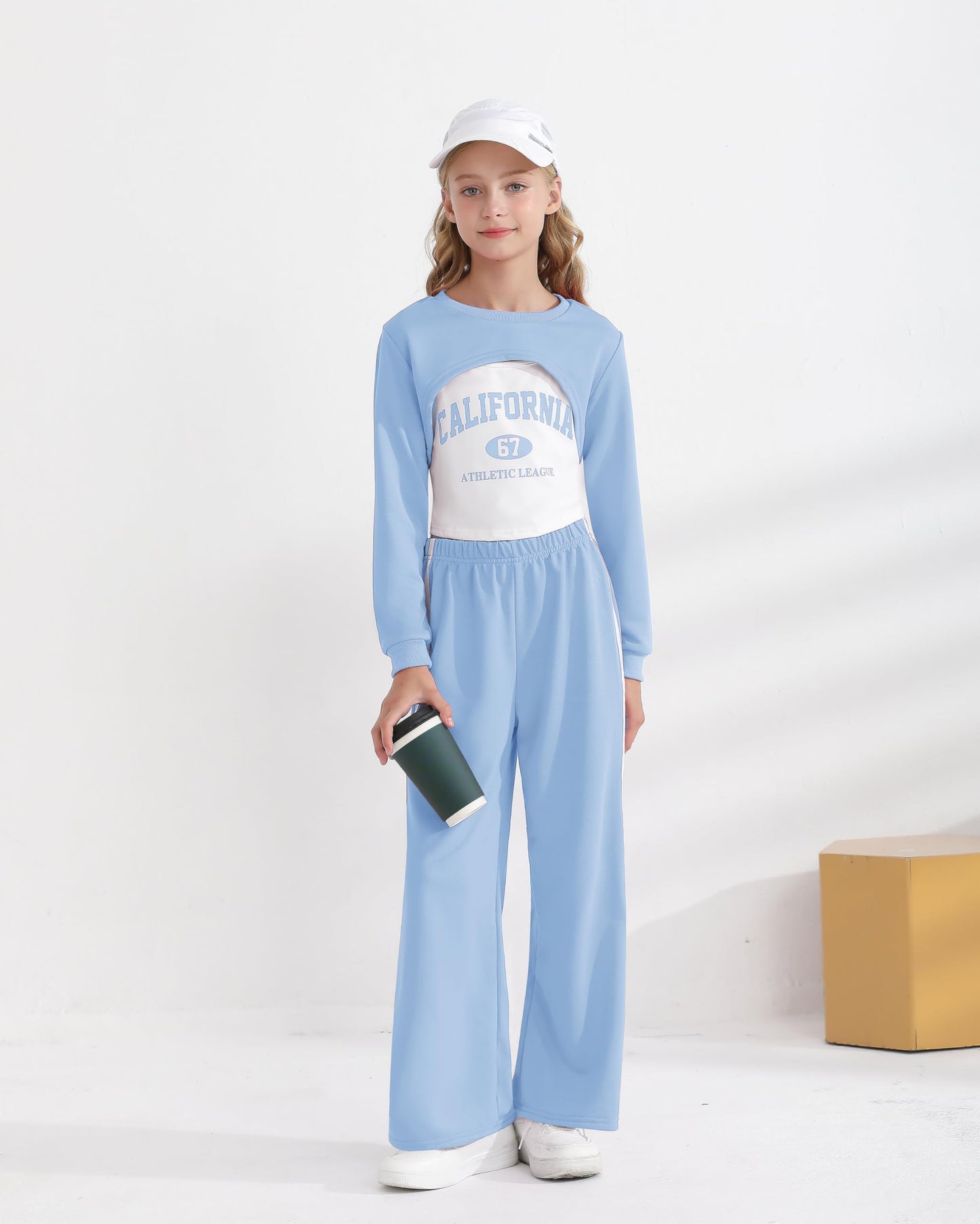 Girls 3 Piece Outfits Long Sleeve Crop Shirts & Cami Tops & Sweatpants Sets Fall Clothes Size 8-12Y