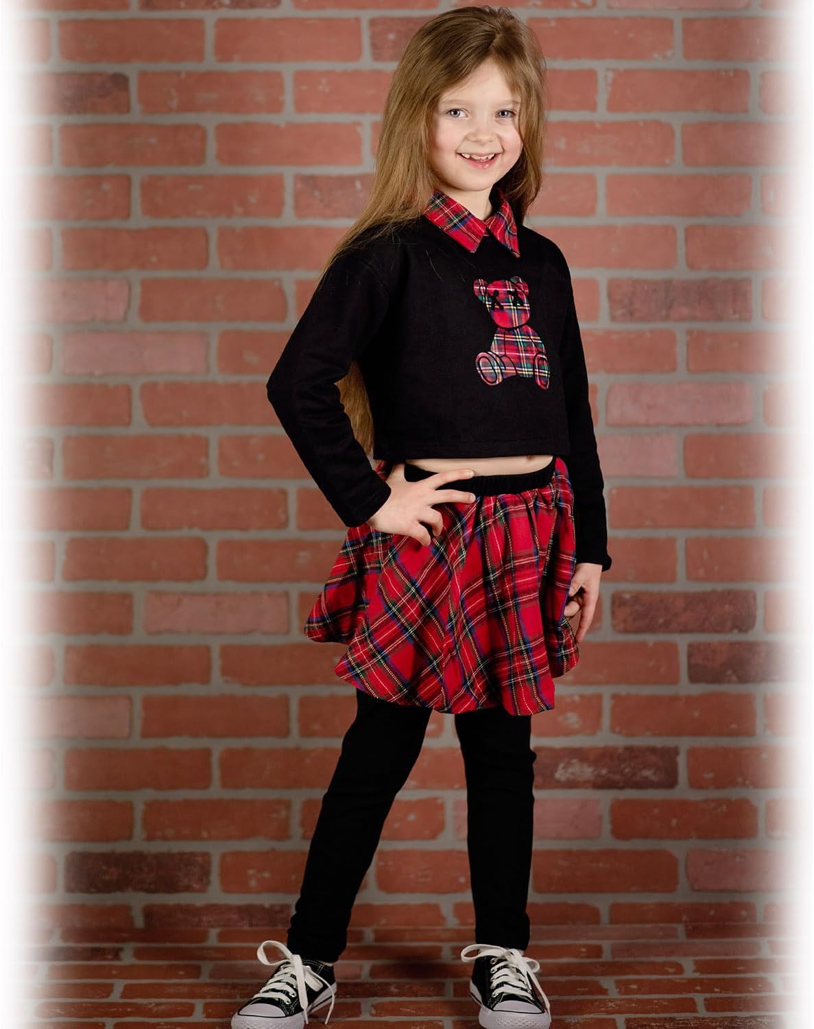 HINTINA Toddler Little Girl Letter Print Sweatshirt Top Plaid Skirt Pants Fall Winter Outfits