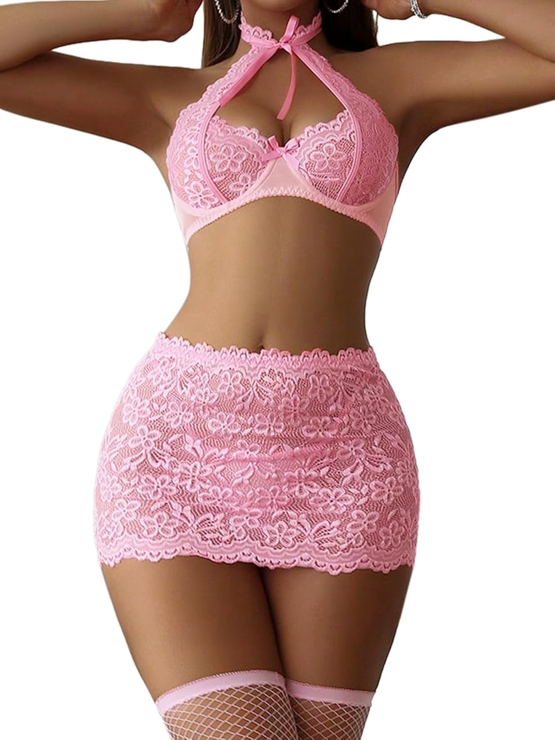 Sexy Cutout Halter Underwire Sheer Mini Skirt Stocking Lingerie Set 4 Piece Outfits