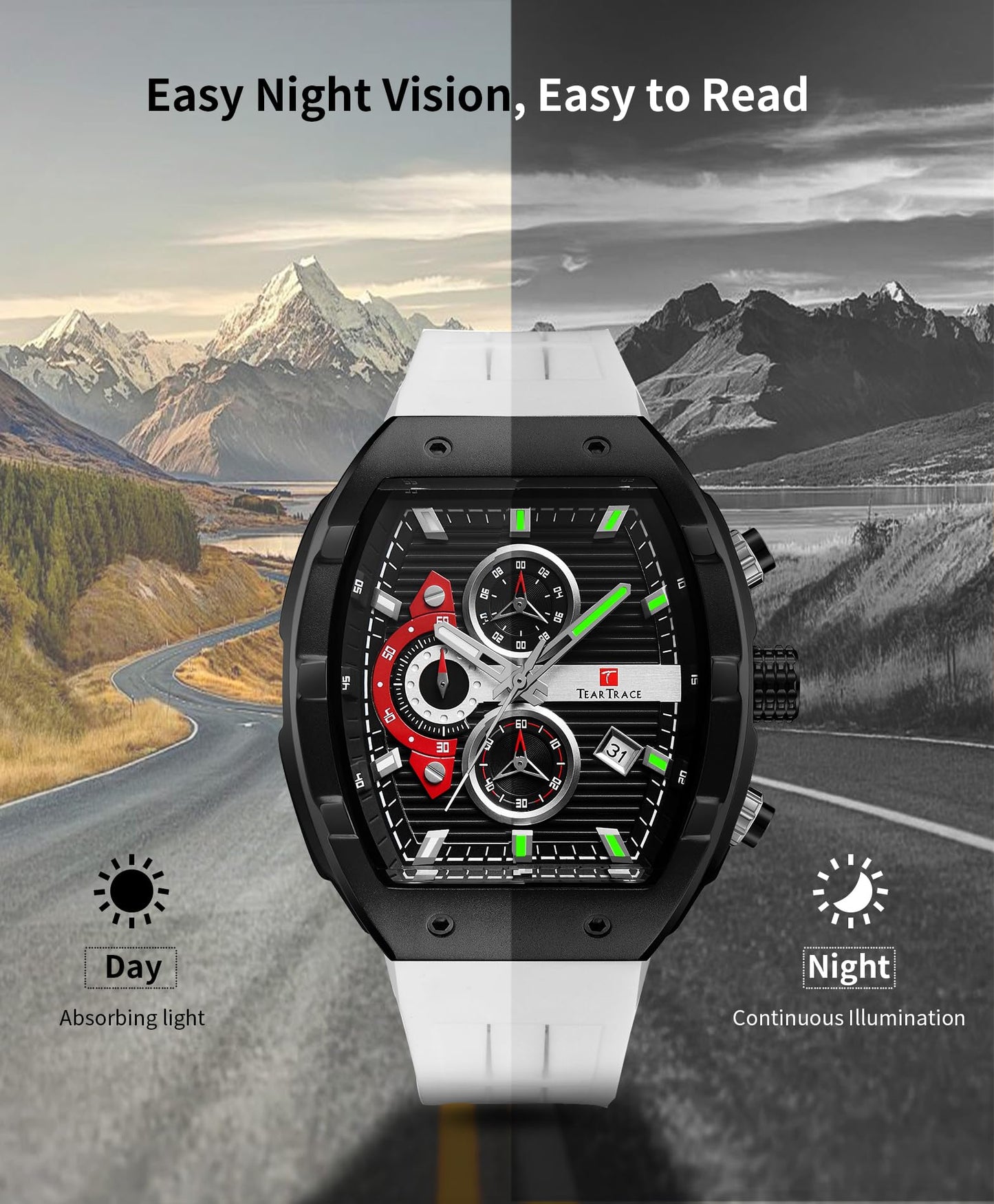Watches for Men Analog Quartz Waterproof Sport Men’s Watch Tonneau Chronograph Luminous Fashionable Unique Casual Watch with Silicone Strap