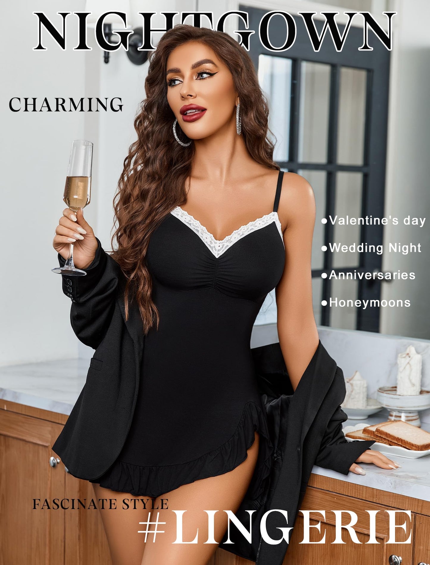 Avidlove Lingerie for Women Sexy Nightgown Modal Nightwear Side Slit Babydoll Chemise Spaghetti Strap nighties