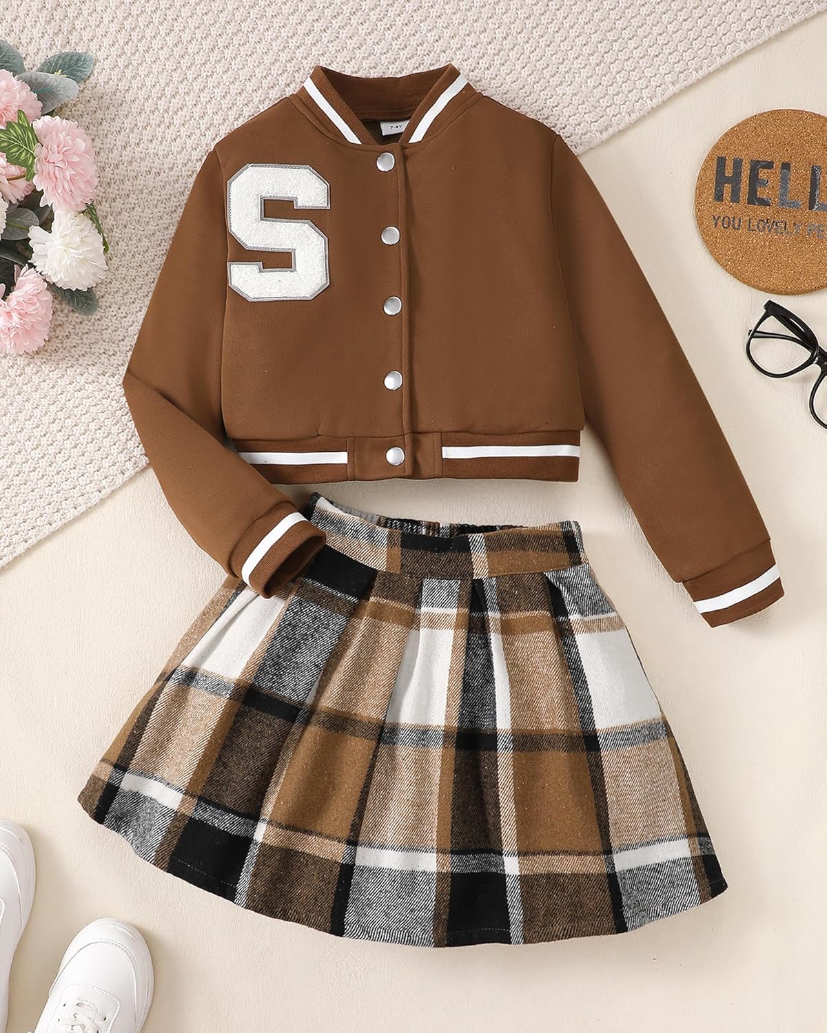 Girls 2 Piece Outfits Skirt Set Button up Jacket Sweatshirt and Pleated Mini Skirts Fall Winter Clothes Size 7-14Y