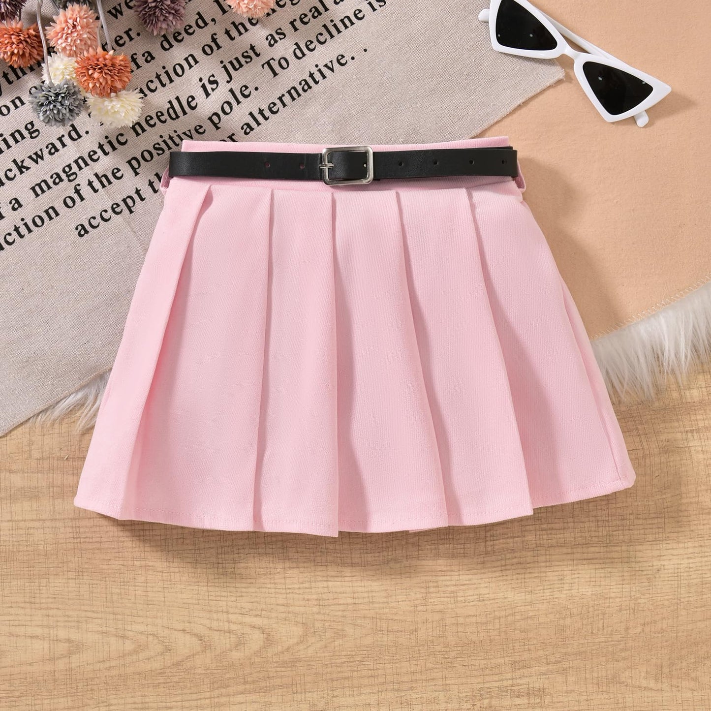 HINTINA Toddler Little Girl Sleeveless Button Vest Ribbed Long Sleeve Collar Top And Pleated Skirt With Belt