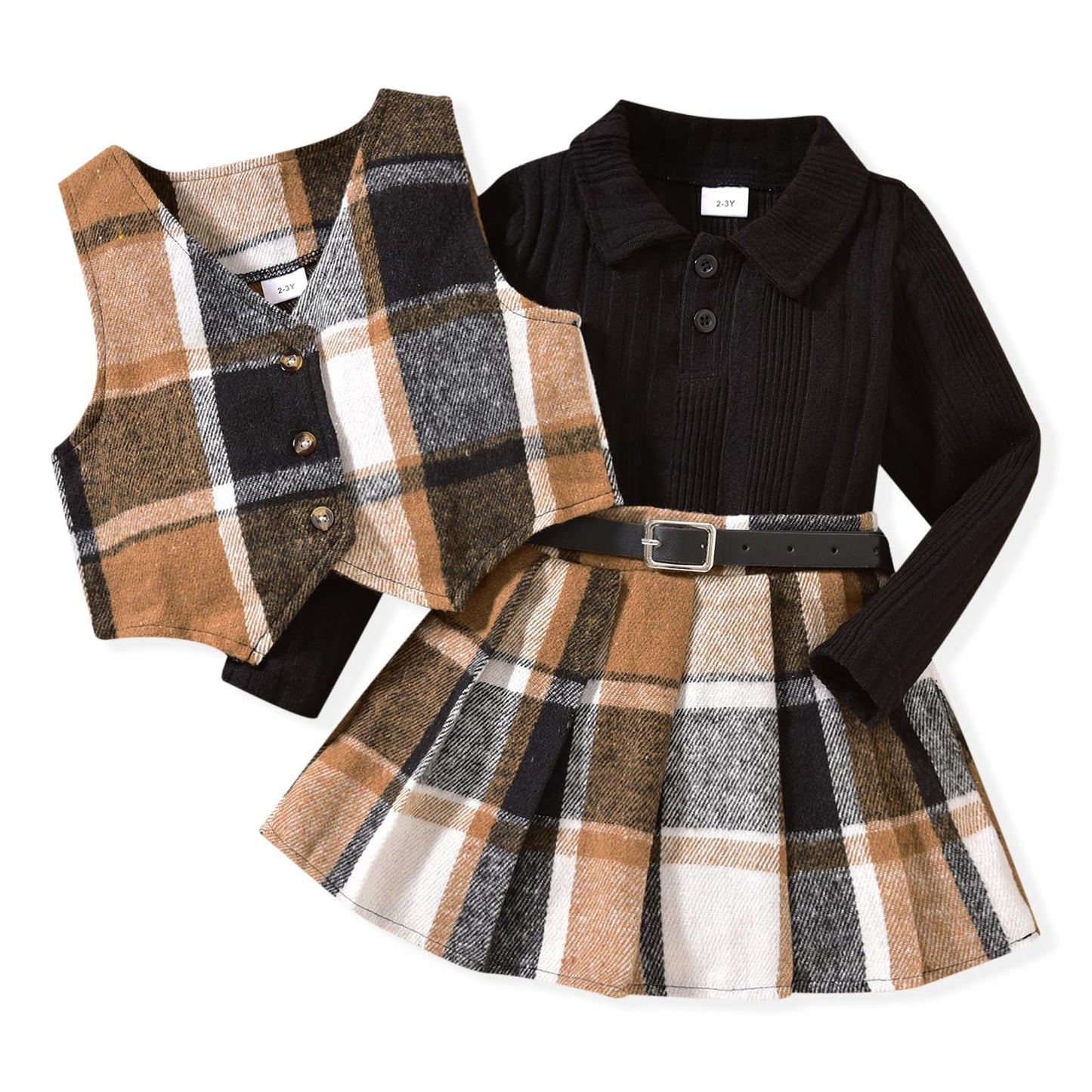 HINTINA Toddler Little Girl Sleeveless Button Vest Ribbed Long Sleeve Collar Top And Pleated Skirt With Belt