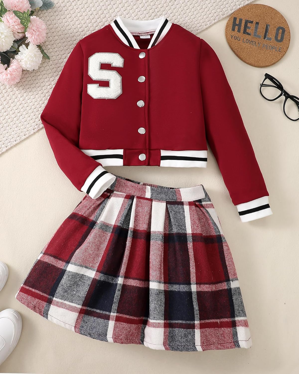 Girls 2 Piece Outfits Skirt Set Button up Jacket Sweatshirt and Pleated Mini Skirts Fall Winter Clothes Size 7-14Y