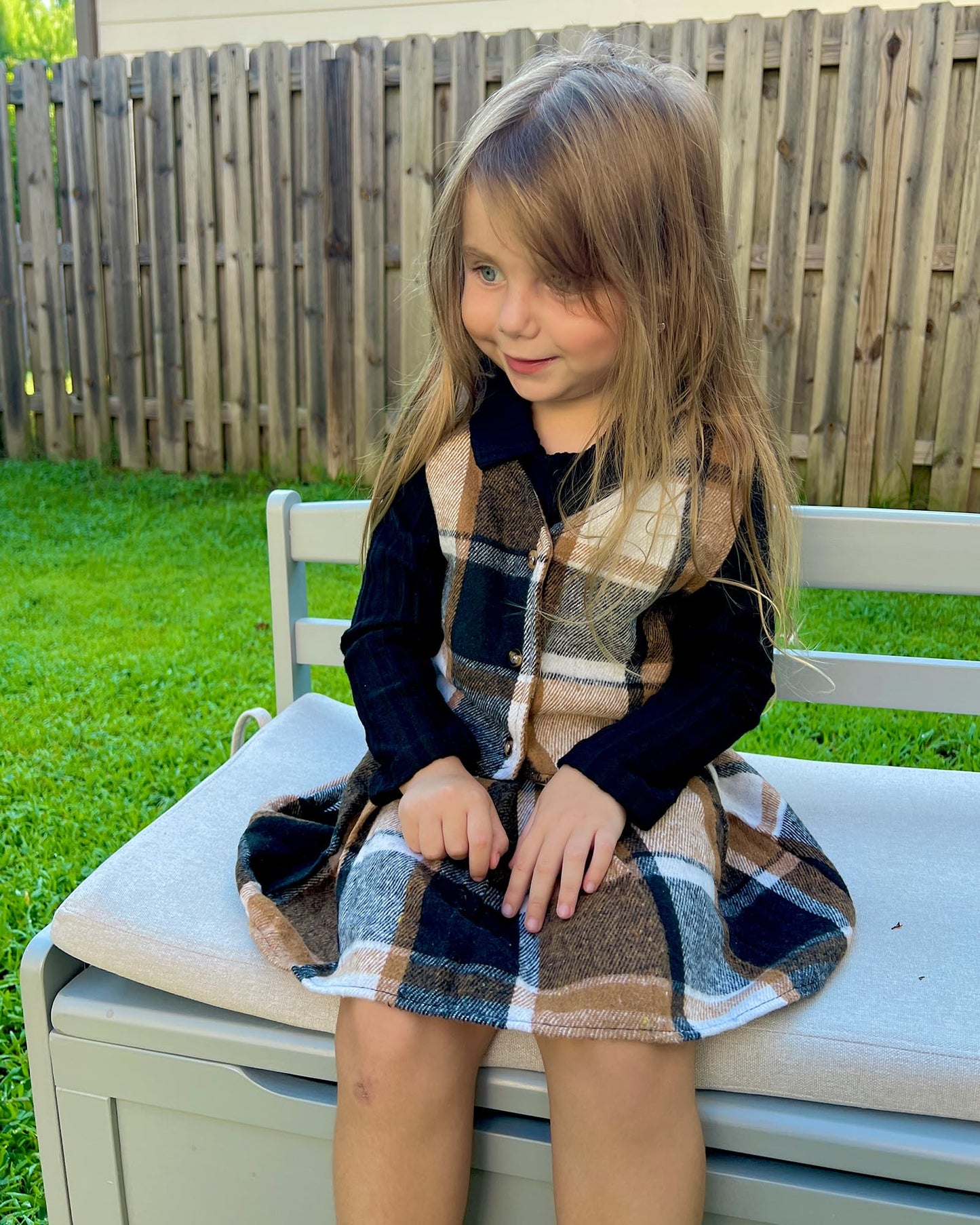 HINTINA Toddler Little Girl Sleeveless Button Vest Ribbed Long Sleeve Collar Top And Pleated Skirt With Belt