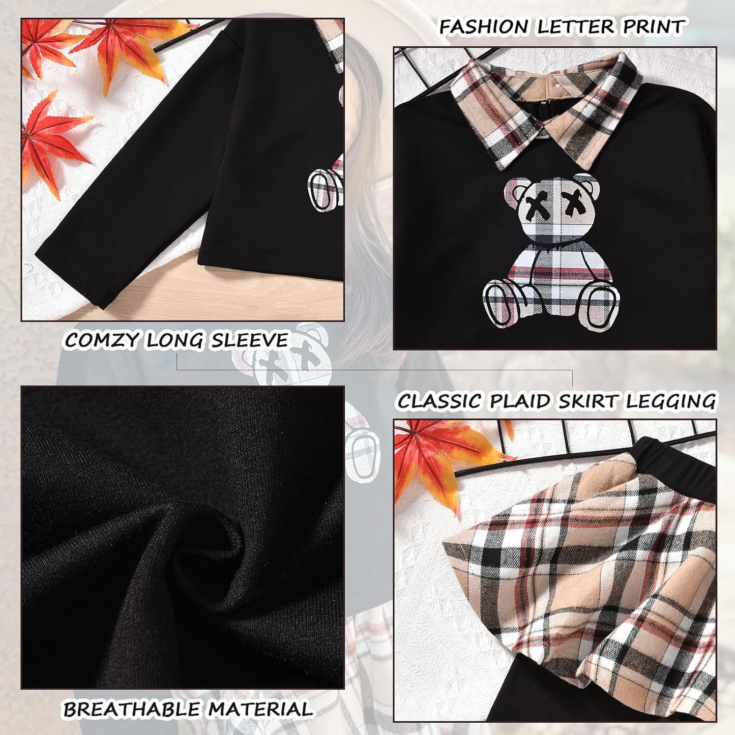 HINTINA Toddler Little Girl Letter Print Sweatshirt Top Plaid Skirt Pants Fall Winter Outfits