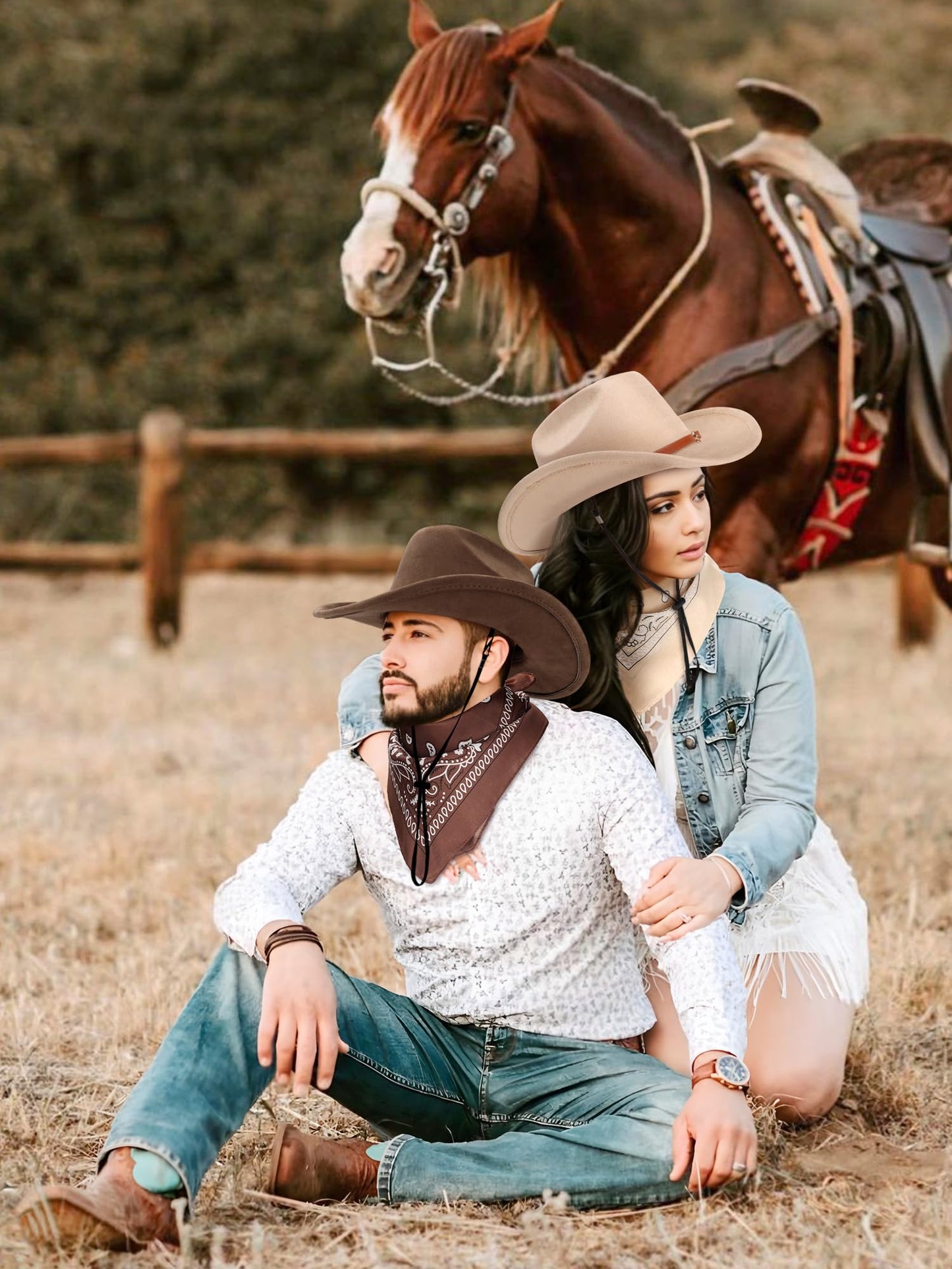 Ibeauti Cowboy Hat with Fringed Bandana Set for Women Wide Brim Western Cowgirl Hat Paisley Head Wrap Scarf