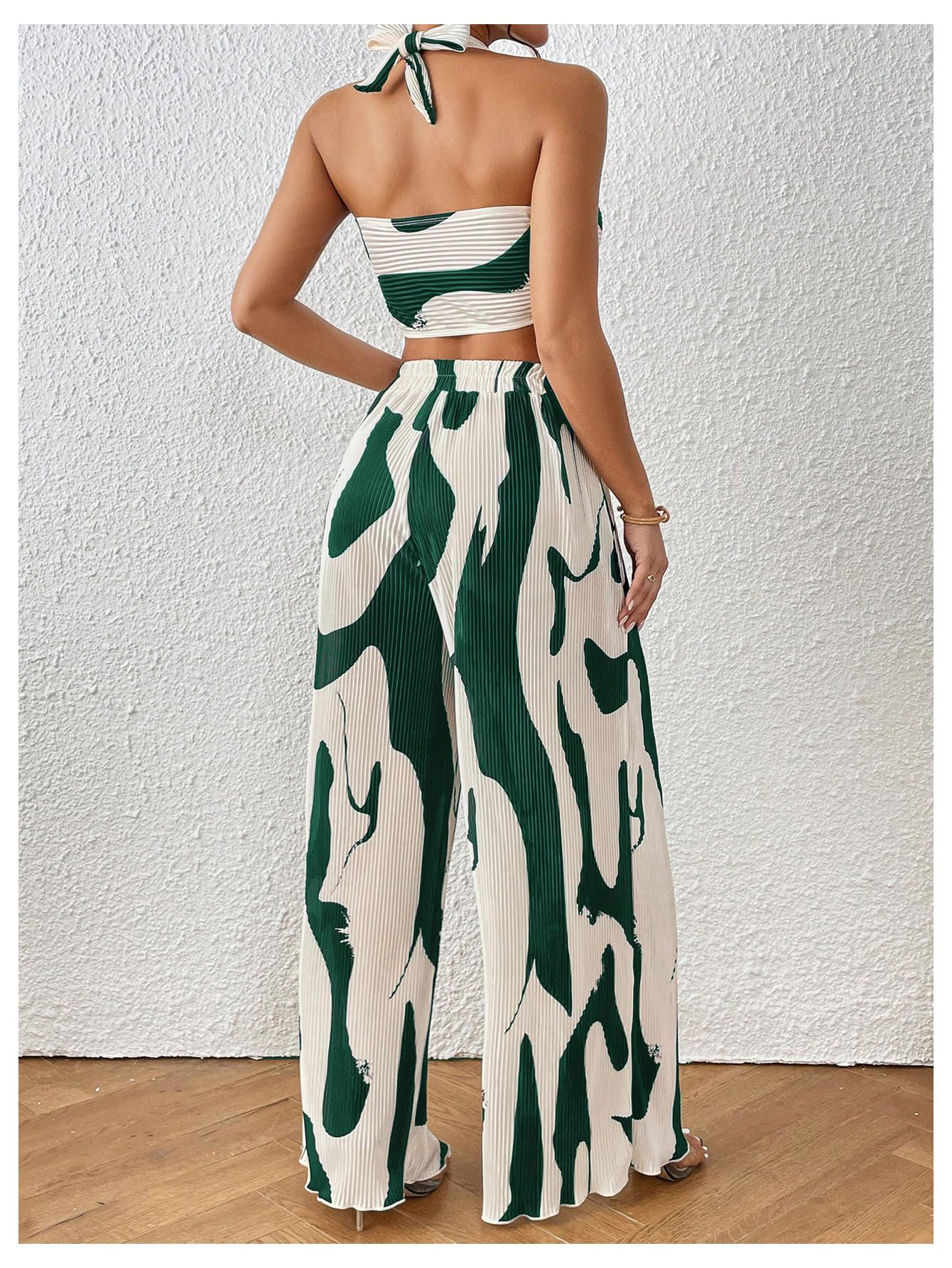 OYOANGLE Women's 2 Piece Outfits Graphic Print Knitted Crop Halter Top and Wide Leg Pants Set