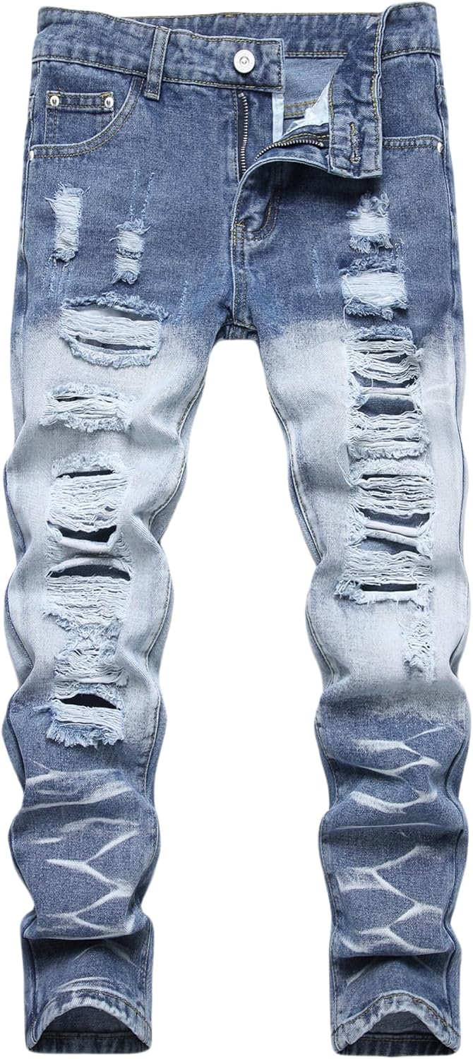 Boy's Ripped Jeans Stacked Skinny Fit Destroyed Distressed Fashion Comfy Denim Jeans Pants