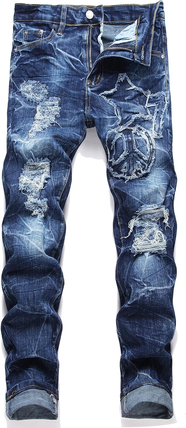 Enrica Men's Ripped Straight Slim Moto Biker Jeans