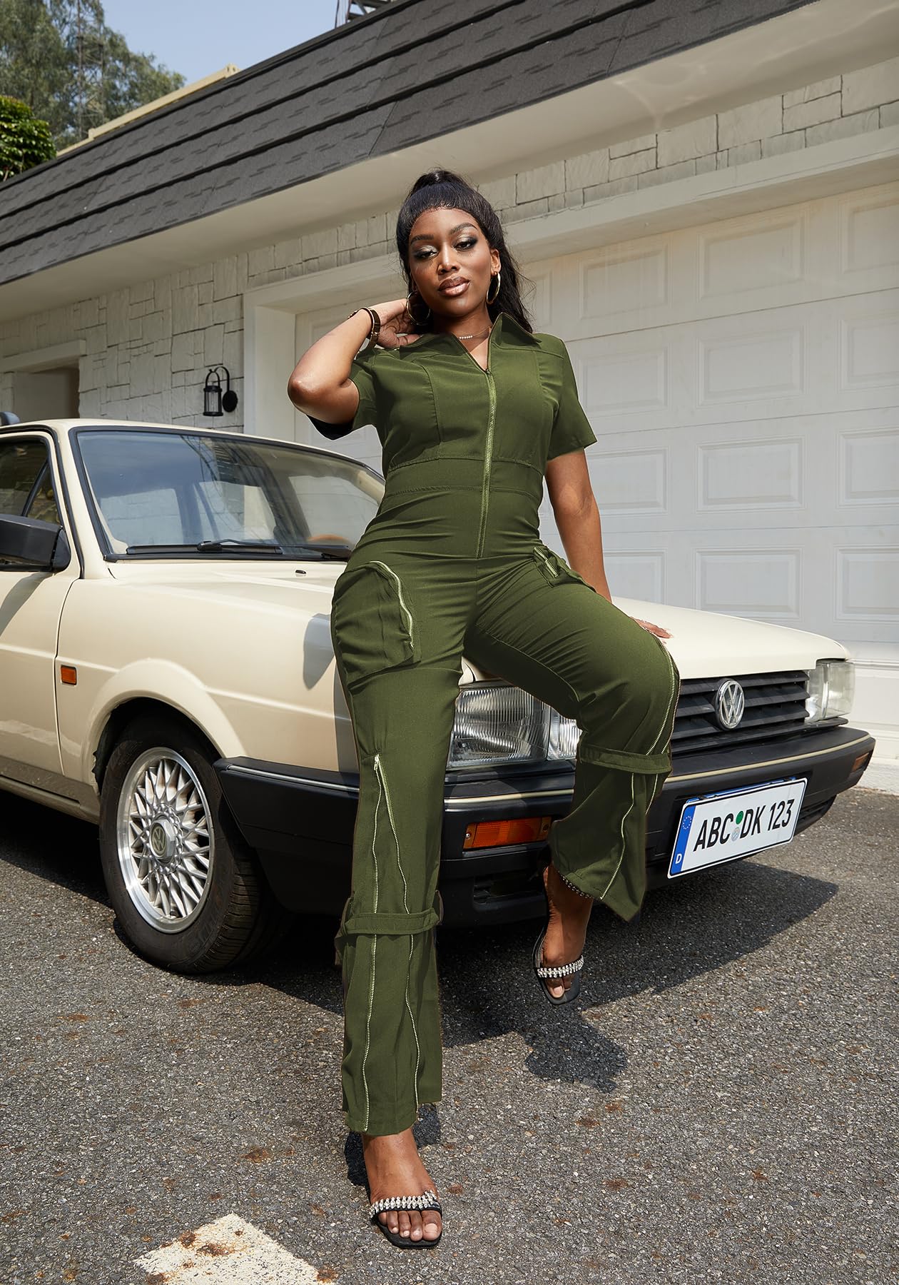 LKOUS Cargo Jumpsuits for Women Dressy, Sexy Short Sleeves V Neck Zipper One Piece Outfits with Pockets