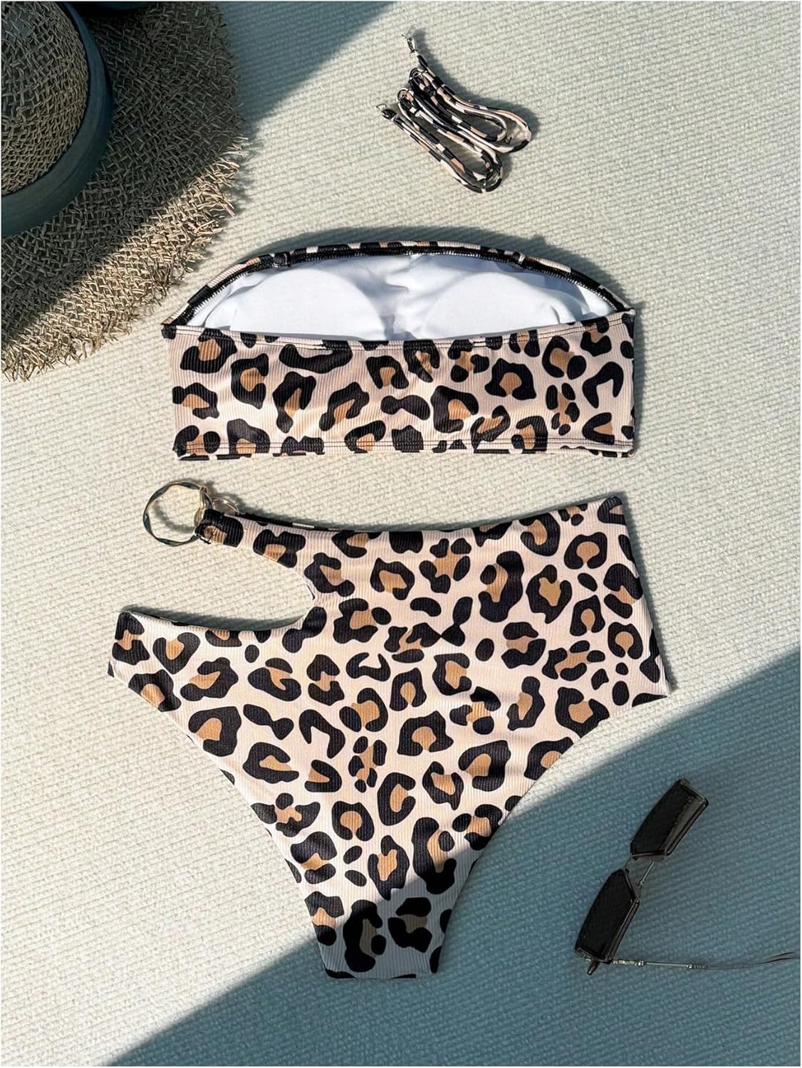 SweatyRocks Women's Leopard Print Bandeau Bikini Cut Out Strapless High Waisted 2 Piece Bathing Suit