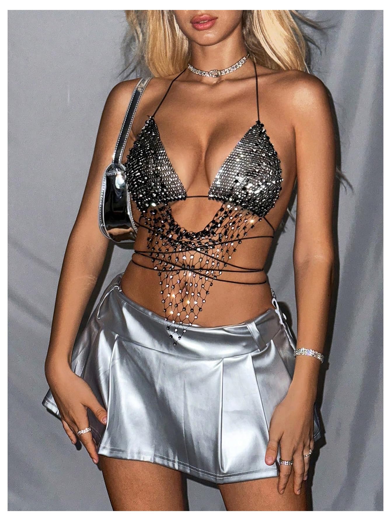 SweatyRocks Women's Glitter Rhinestone Criss Cross Halter Tops Backless Sleeveless Asymmetrical Party Crop Tops