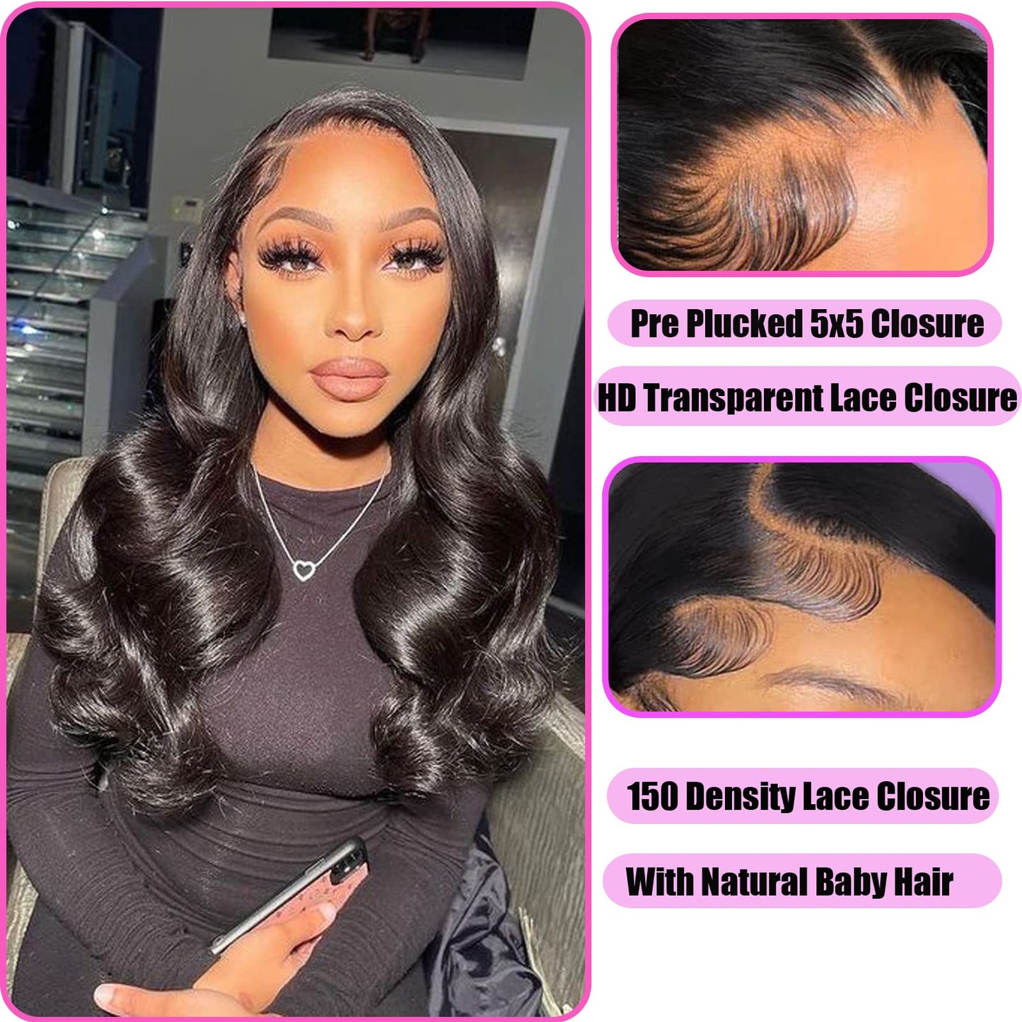 Hd Closure 5x5 Straight Closure 5x5 Transparent Lace Closure 12A Virgin Remy Human Hair Frontal Closure Pre Plucked With Baby Hair Natural Black Color(14inch)