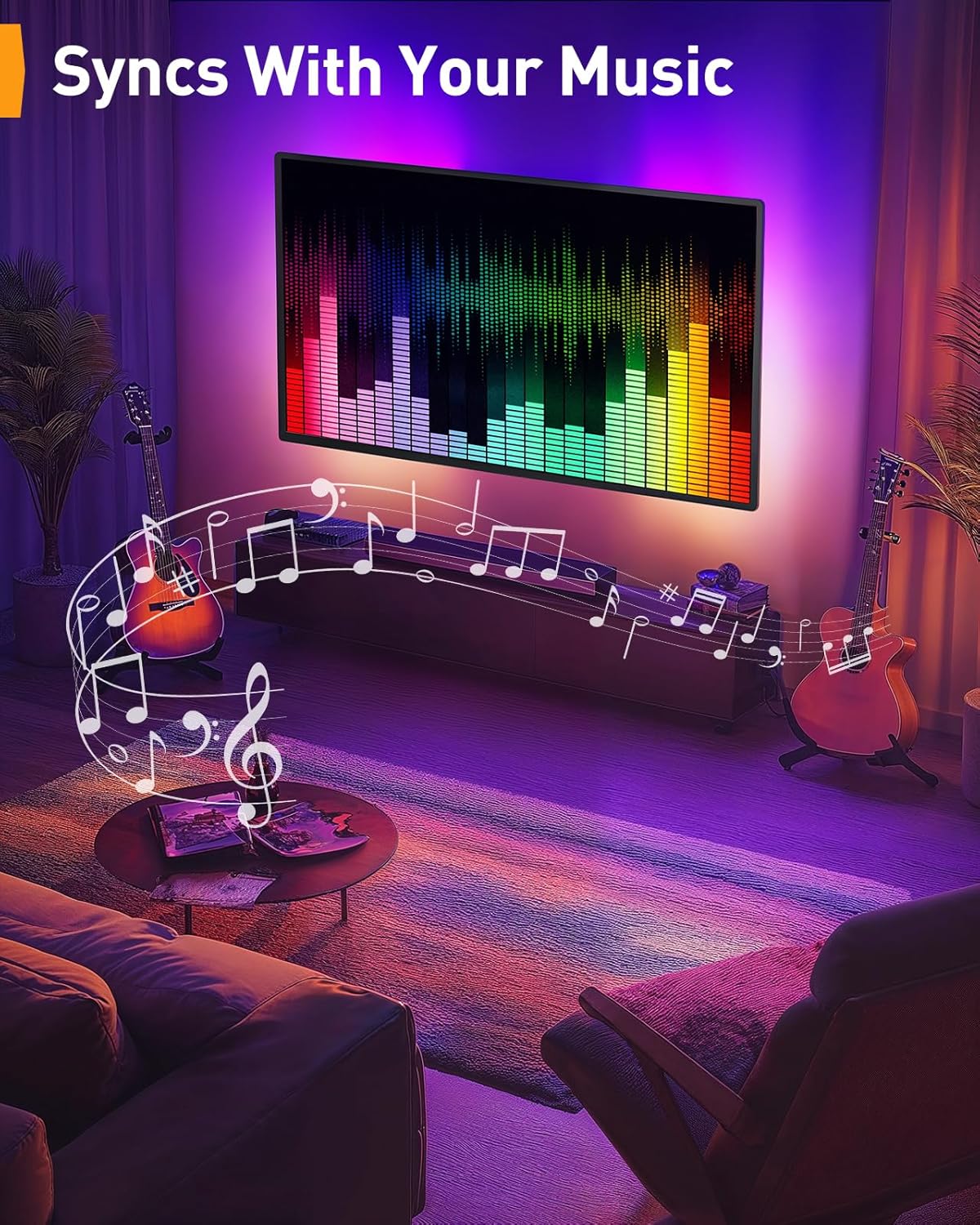 Perlegear Pre-Assembled TV Wall Mount with LED Lights for 26-65 inch TVs up to 99 lbs, Max VESA 400x400mm, Swivel, Extension, Tilt, TV Backlights with Music Sync, Fits 16”/12” Wood Studs, PGMF20