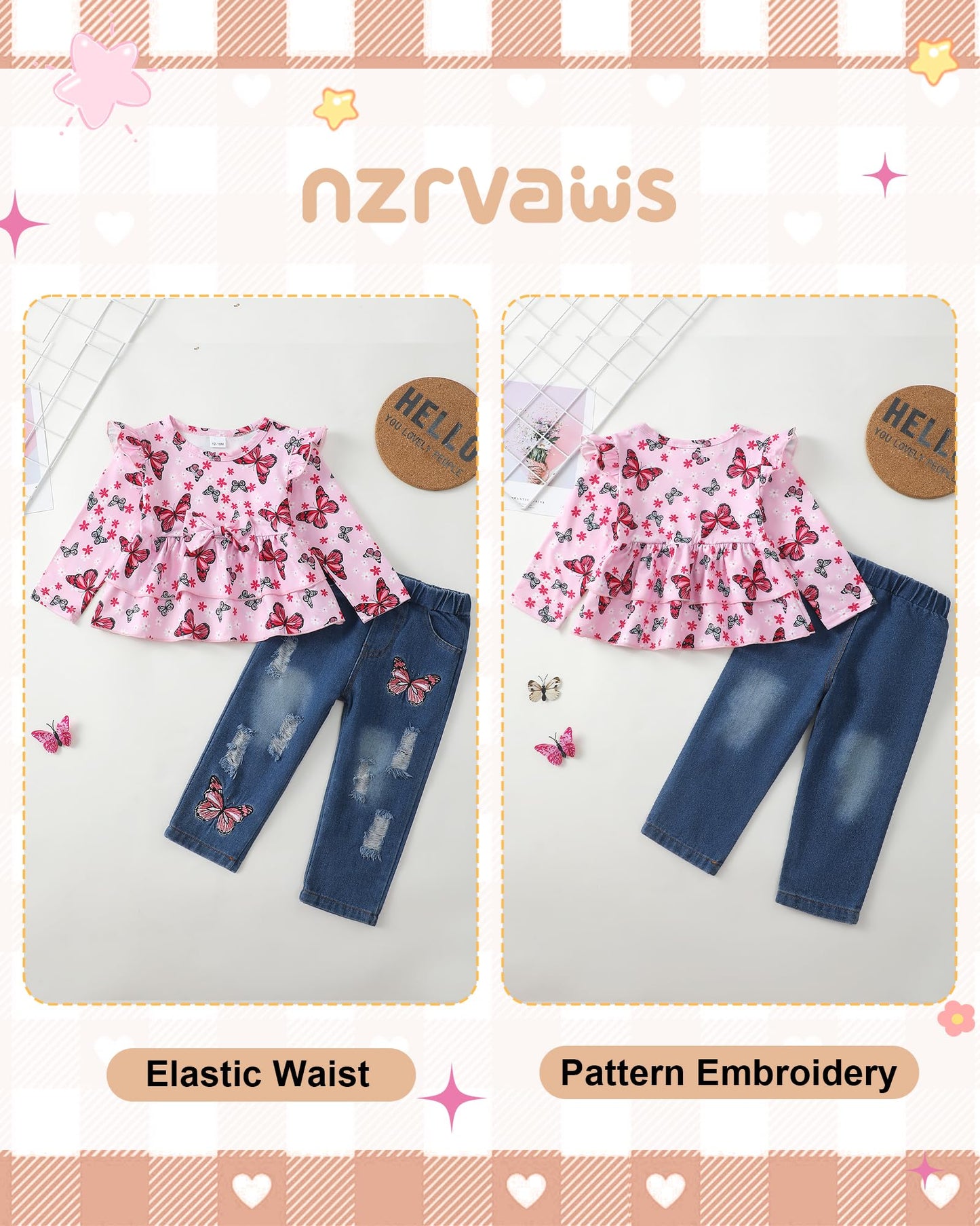 NZRVAWS Baby Girl Clothes Toddler Girl Outfits Infant Ruffle Shirt Denim Ripped Jeans Cute Clothing Set