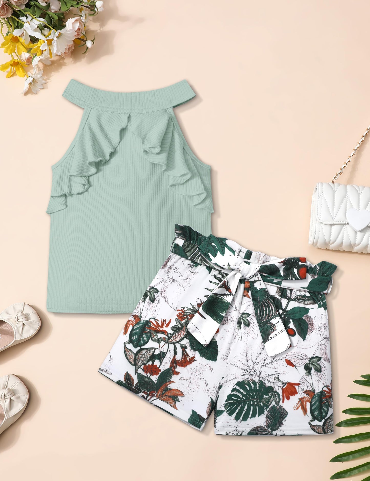 MIGU Girls Clothes Summer Halter Neck Ruffle Sleeveless Top Fashion Cute Floral Belt Shorts Two Piece Outfit Set Size 6-12