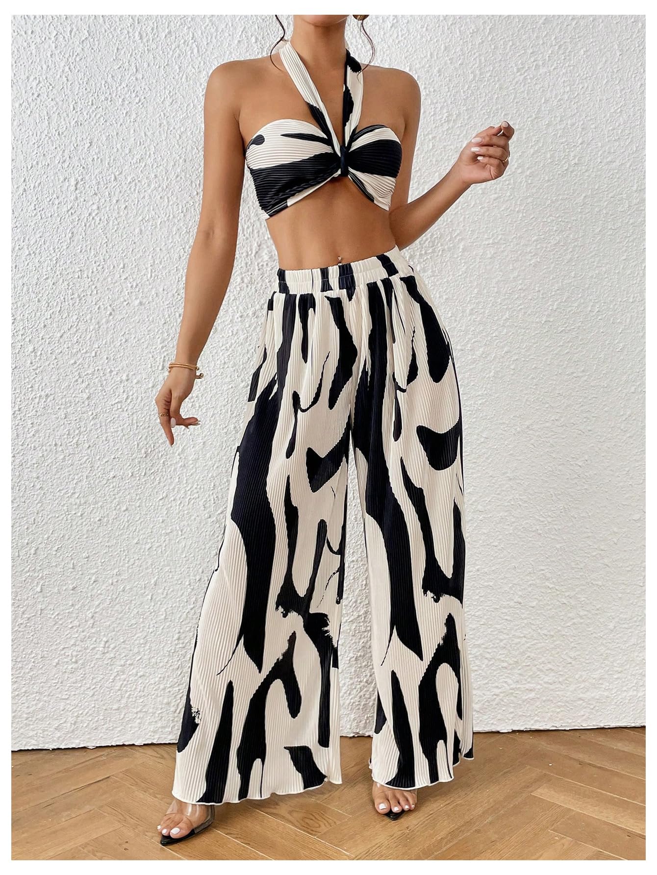 OYOANGLE Women's 2 Piece Outfits Graphic Print Knitted Crop Halter Top and Wide Leg Pants Set