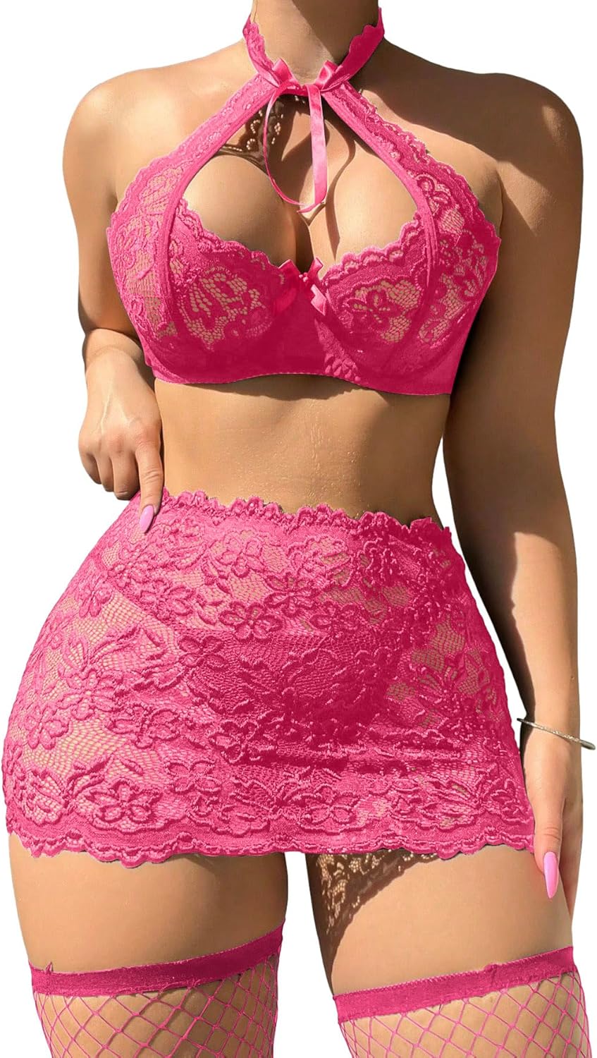 Sexy Cutout Halter Underwire Sheer Mini Skirt Stocking Lingerie Set 4 Piece Outfits