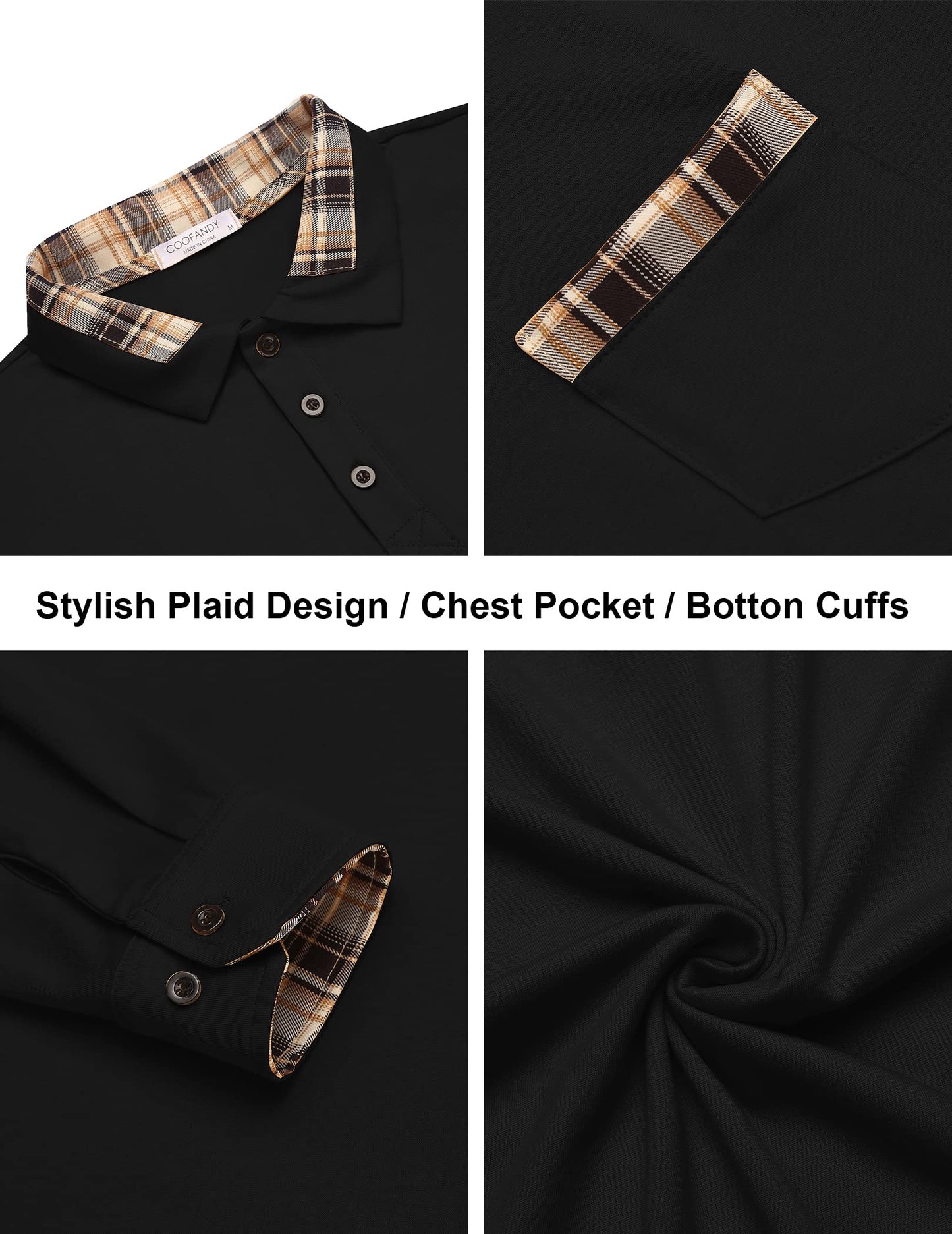 COOFANDY Men's Casual Polo Shirt Long Sleeve Classic Plaid Button Tees with Pockets