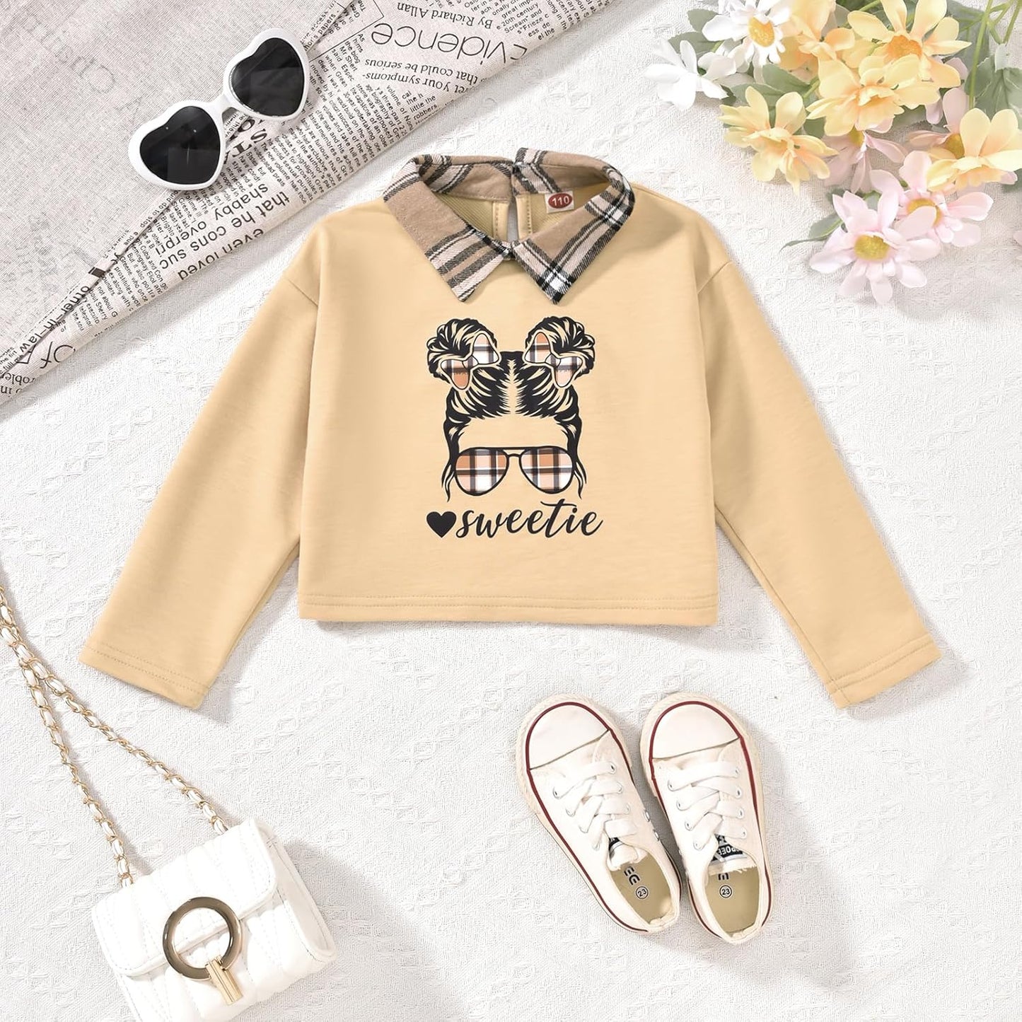 HINTINA Toddler Little Girl Letter Print Sweatshirt Top Plaid Skirt Pants Fall Winter Outfits