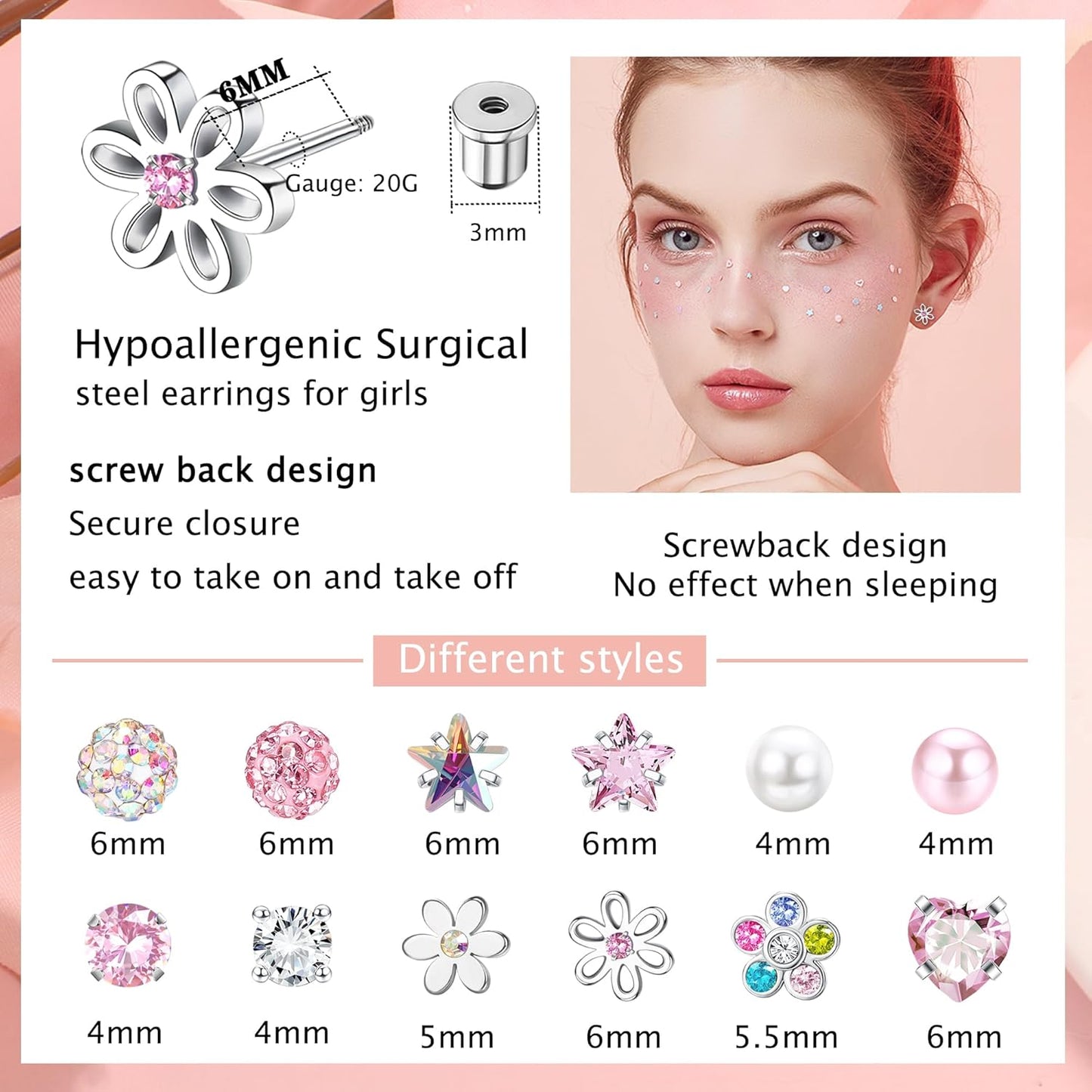 SAILIMUE 12 Pairs Hypoallergenic Screw Back Earrings for Women Girls Surgical Steel Cute Heart CZ Flower Pearl Ball Tiny Screwback Stud Earring