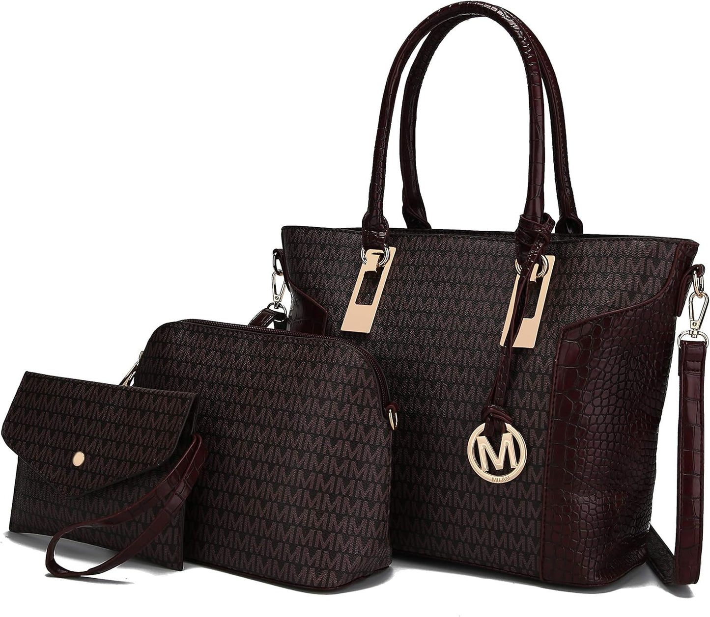 MKF Collection Shoulder Bag for Women, Crossbody Purse & Wristlet: PU Leather Satchel Pocketbook 3 PCs Handbag Set