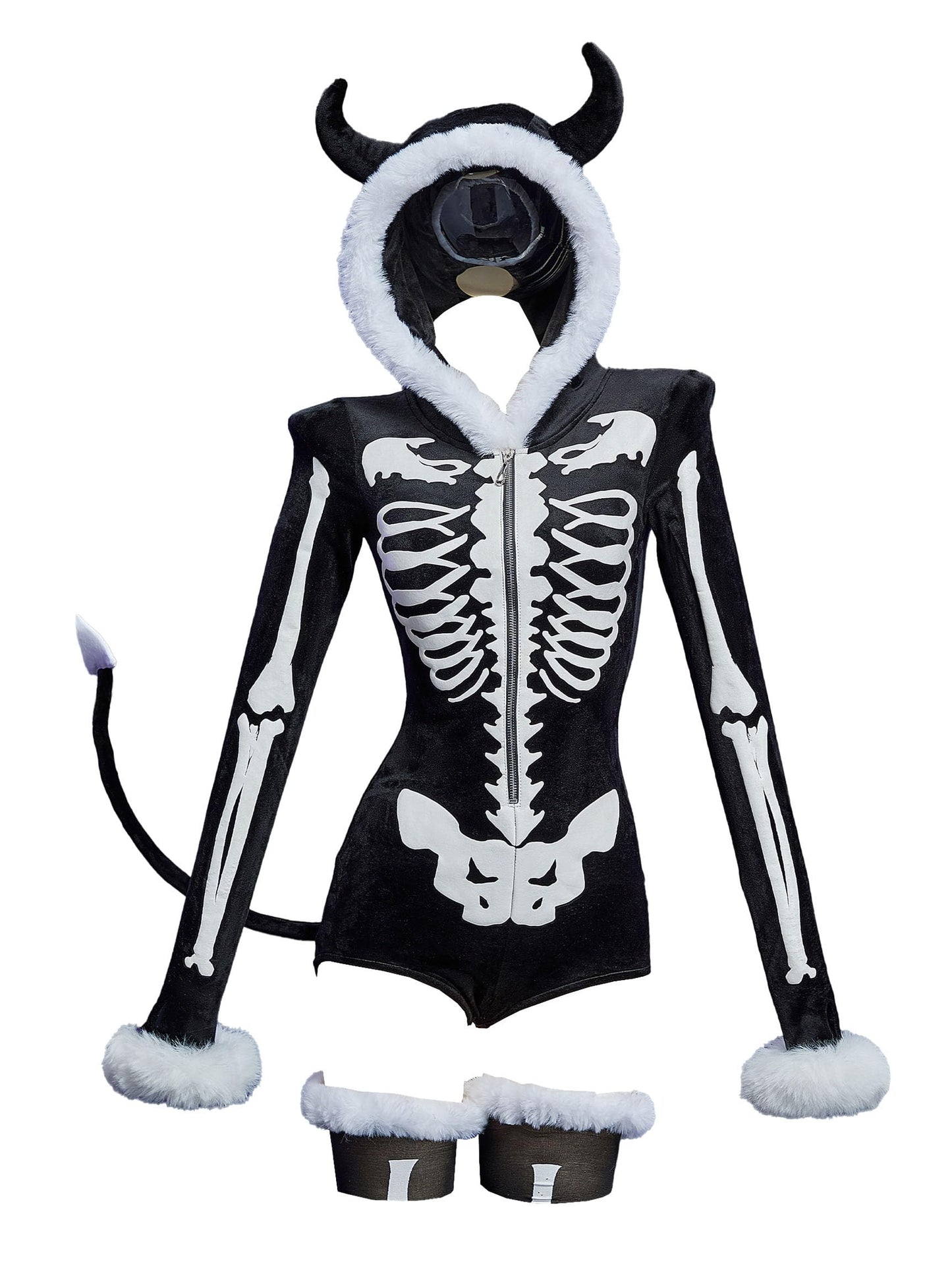 MEOWCOS Gothic Bodysuit Furry Hooded Black White Skull Pattern Halloween Costume Homewear with Tail and Socks